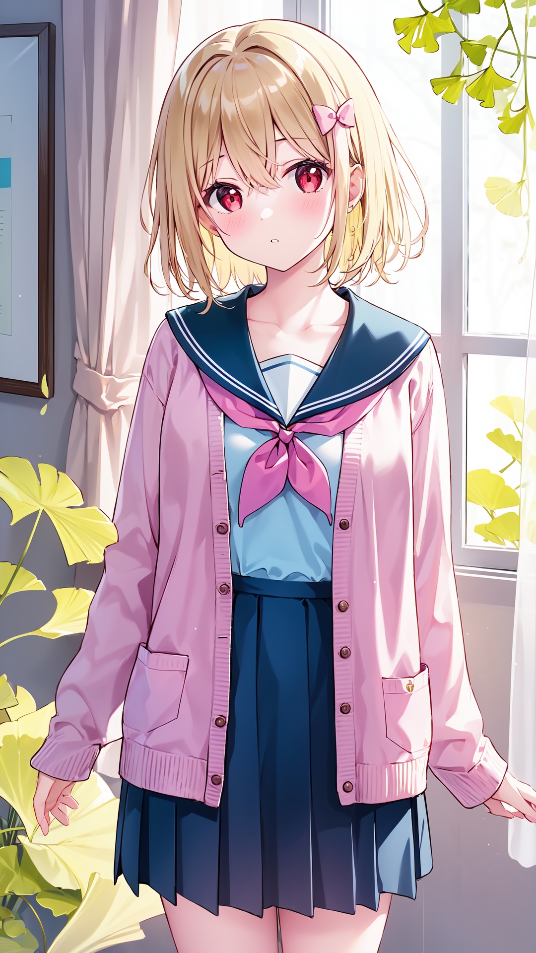 1girl, solo, school uniform, red eyes, blush, skirt, serafuku, neckerchief, bangs, looking at viewer, sailor collar, curtain grab, hair bow, collarbone, bow, blurry, long sleeves, pink cardigan, pleated skirt, blue skirt, pink bow, shirt, yellow neckerchief, short hair, cardigan, curtains, open clothes, sleeves past wrists, blurry background, parted lips, blue shirt, off shoulder, window, depth of field, leaf, open cardigan, blonde hair, blue serafuku, light brown hair, ginkgo leaf, hair between eyes, indoors