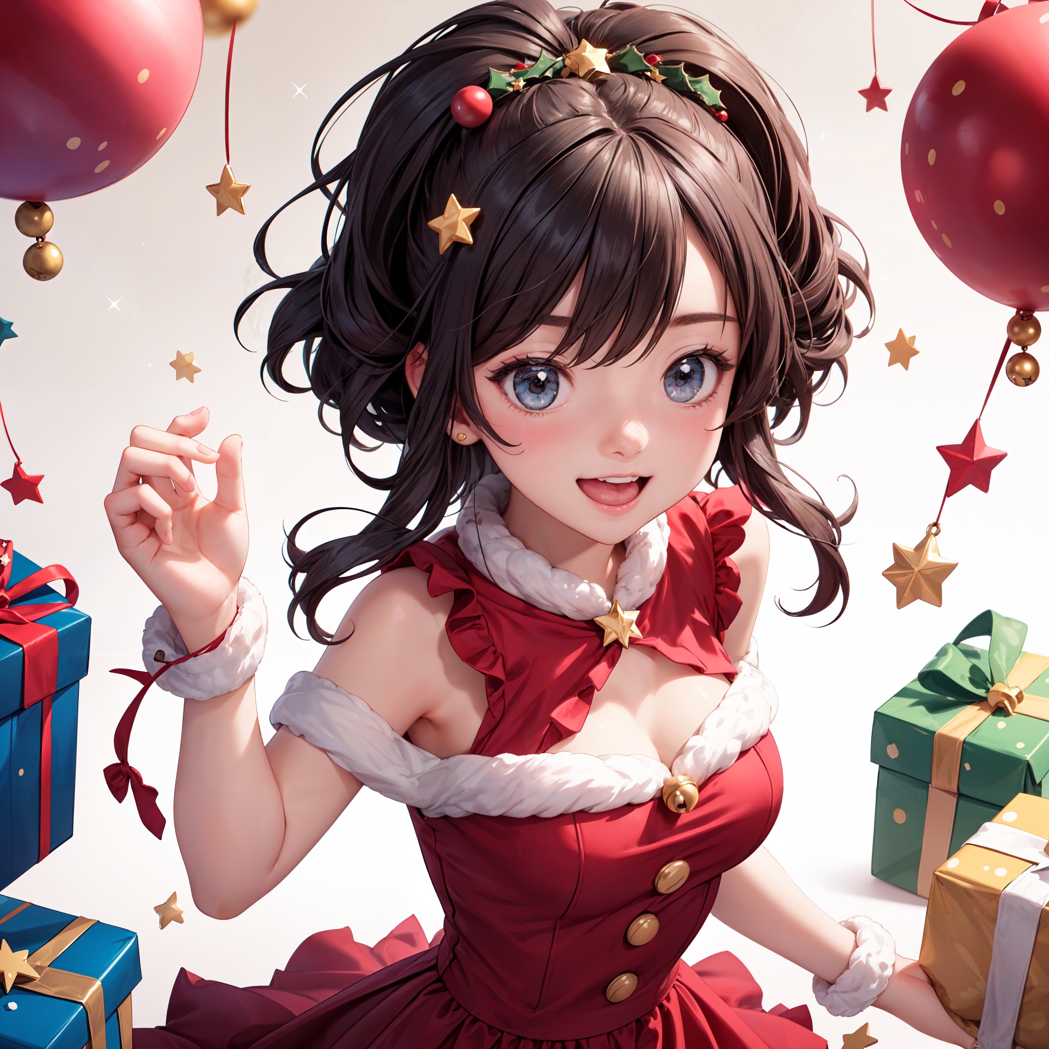 A charming illustration of a girl, radiating joy and excitement, at a Christmas party. The art form is reminiscent of a dynamic manga drawing, capturing the girl's playful and adorable expression. She wears a vibrant red Christmas costume, featuring a frilly dress adorned with bells and a star-shaped accessory in her hair. Surrounding her, colorful presents are stacked, adding to the festive atmosphere. The scene is set against a simple background, allowing the focus to be on the girl and her joyful presence. In a whimsical twist, she sits atop a large star, as if floating in the air, adding a touch of magic to the illustration. The overall result is a delightful depiction of a girl enjoying the holiday spirit with her friends, evoking a sense of warmth and happiness,upper body, 