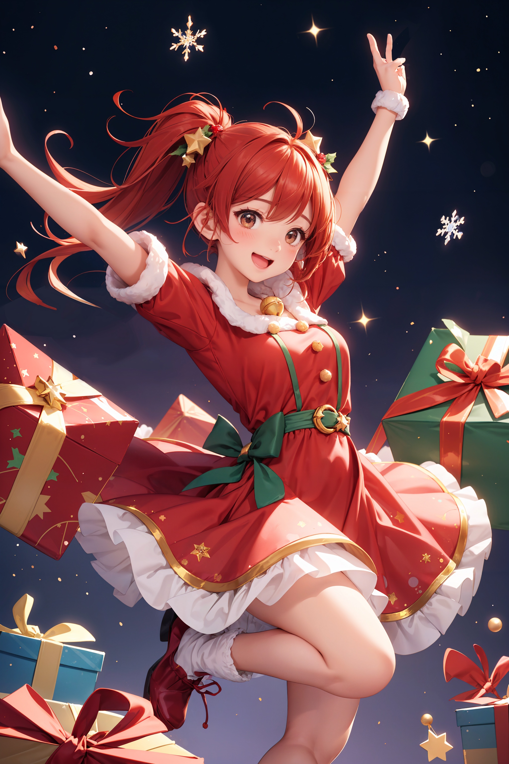 A charming illustration of a girl, radiating joy and excitement, at a Christmas party. The art form is reminiscent of a dynamic manga drawing, capturing the girl's playful and adorable expression. She wears a vibrant red Christmas costume, featuring a frilly dress adorned with bells and a star-shaped accessory in her hair. Surrounding her, colorful presents are stacked, adding to the festive atmosphere. The scene is set against a simple background, allowing the focus to be on the girl and her joyful presence. In a whimsical twist, she sits atop a large star, as if floating in the air, adding a touch of magic to the illustration. The overall result is a delightful depiction of a girl enjoying the holiday spirit with her friends, evoking a sense of warmth and happiness,jump up