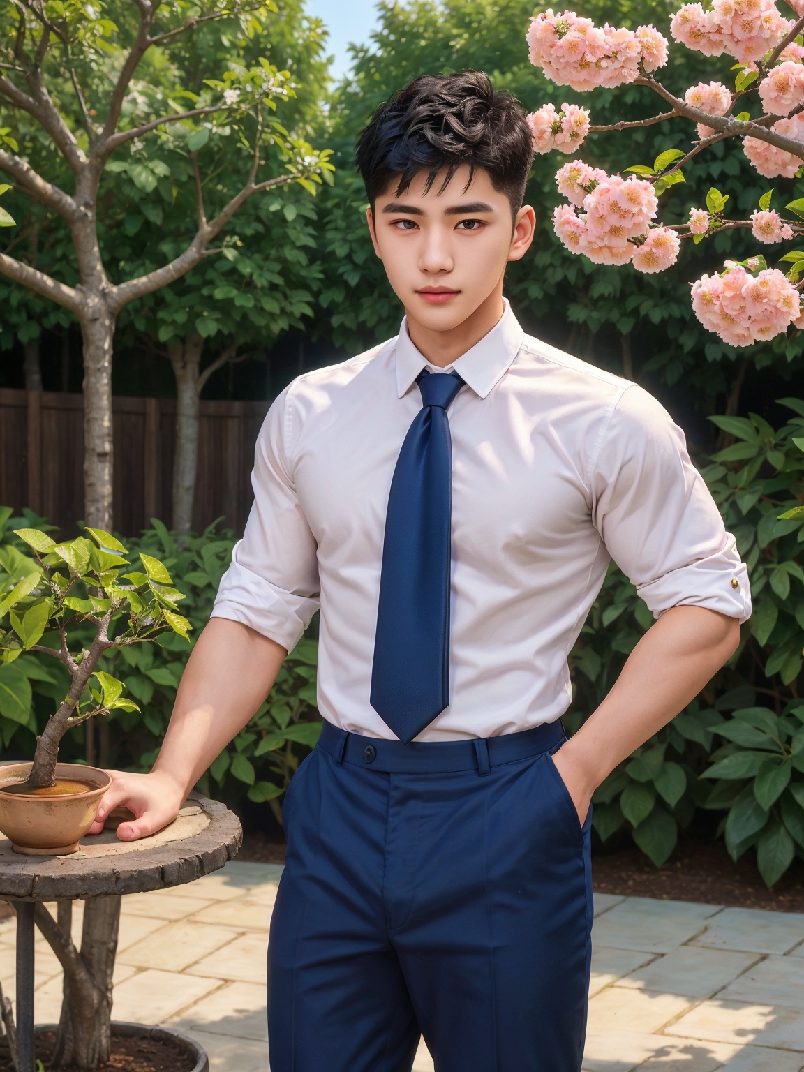 masterpiece,1 boy,Young,Lovely,Handsome,Look at me,Short hair,Tea hair,Students,School uniform,White shirt,Tie,Outdoor,Garden,Peach tree,Flying petals,Light and shadow,HDR,Close-up,textured skin,super detail,best quality,solo,,
