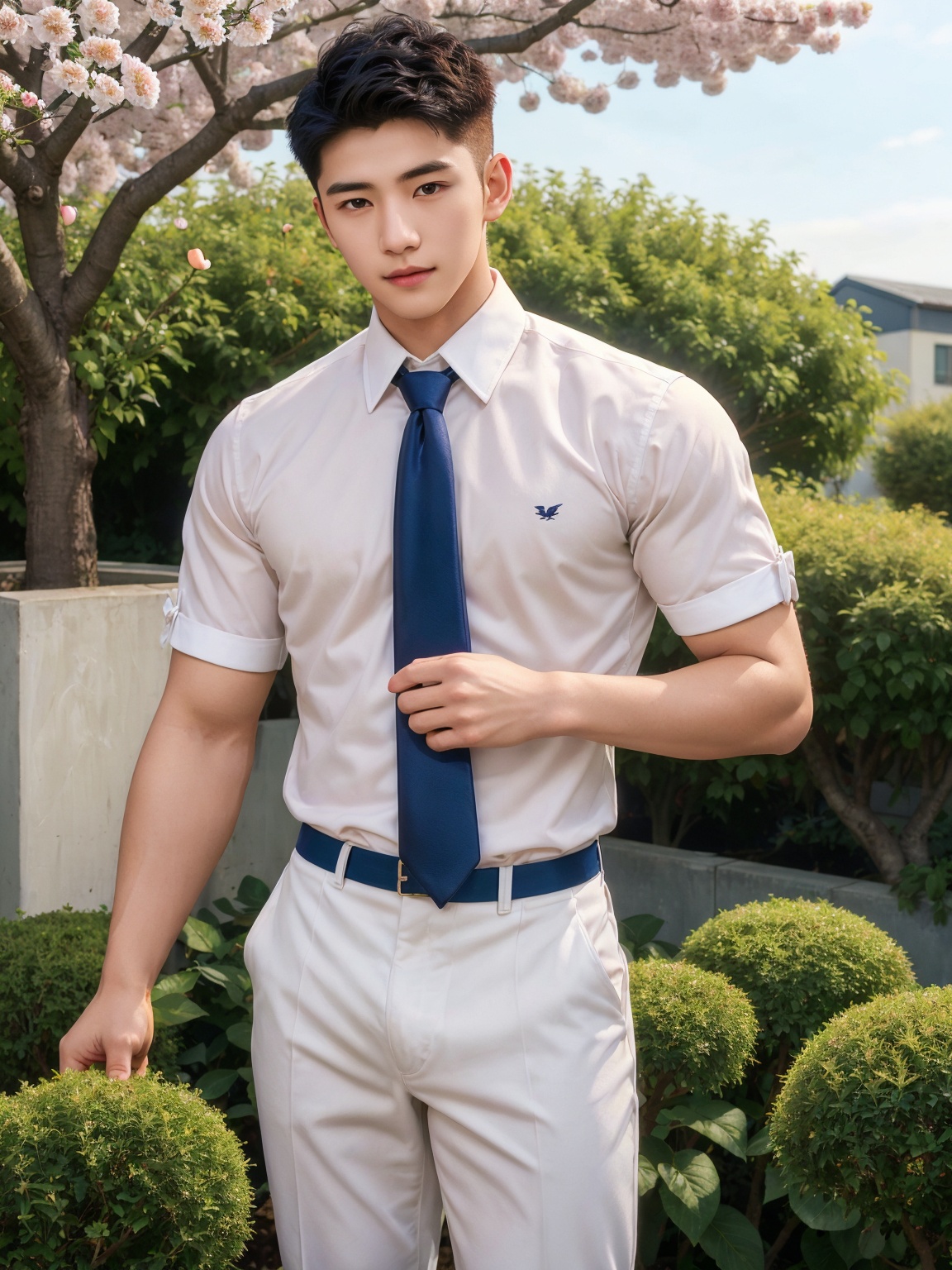 masterpiece,1 boy,Young,Lovely,Handsome,Look at me,Short hair,Tea hair,Students,School uniform,White shirt,Tie,Outdoor,Garden,Peach tree,Flying petals,Light and shadow,HDR,Close-up,textured skin,super detail,best quality,solo,,