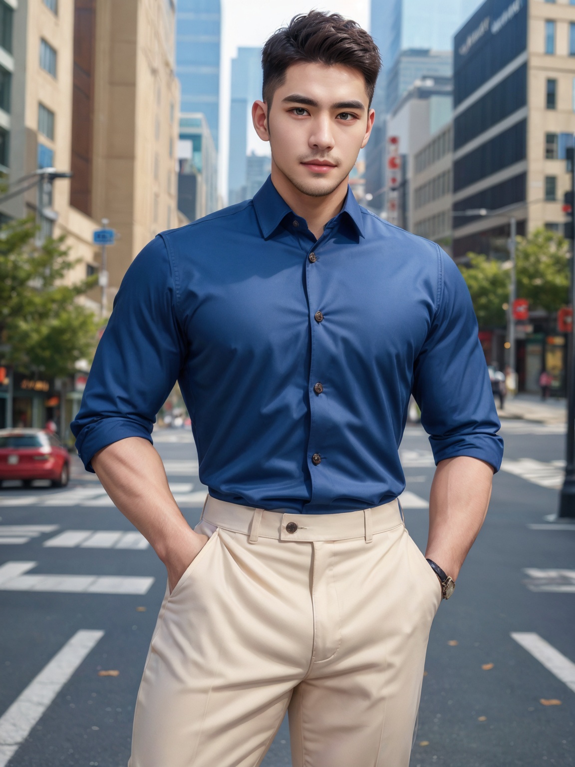 masterpiece,1 Man,Look at me,Handsome,Lovely,textured skin,super detail,best quality,adapted_uniform,Bustling city,,