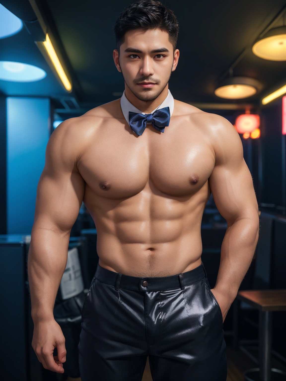 masterpiece,1 Man,Look at me,Indoor,Nightclub,Neon light,Light and shadow,Greasy and shiny skin,Black trousers,Bow tie,Muscle,Beard,Topless,Handsome,uncle,Mature male,textured skin,super detail,best quality,,