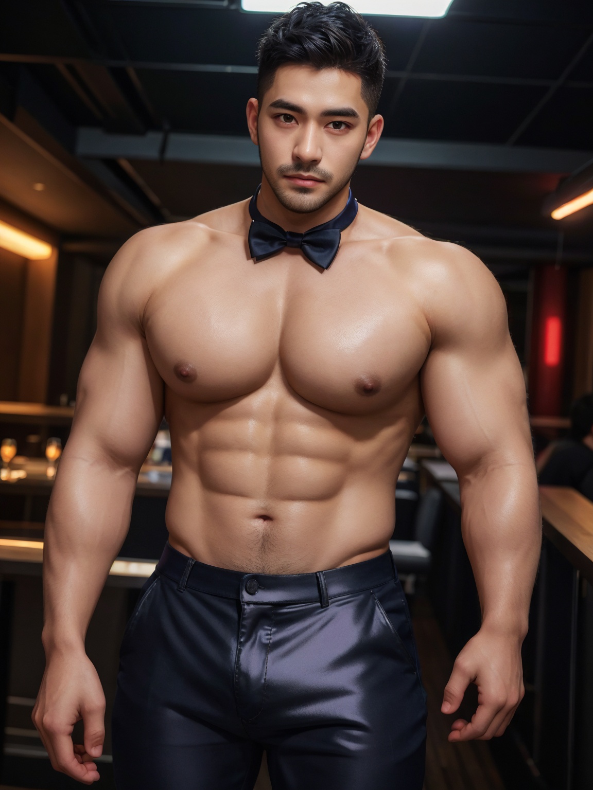 masterpiece,1 Man,Look at me,Indoor,Nightclub,Neon light,Light and shadow,Greasy and shiny skin,Black trousers,Bow tie,Muscle,Beard,Topless,Handsome,uncle,Mature male,textured skin,super detail,best quality,,