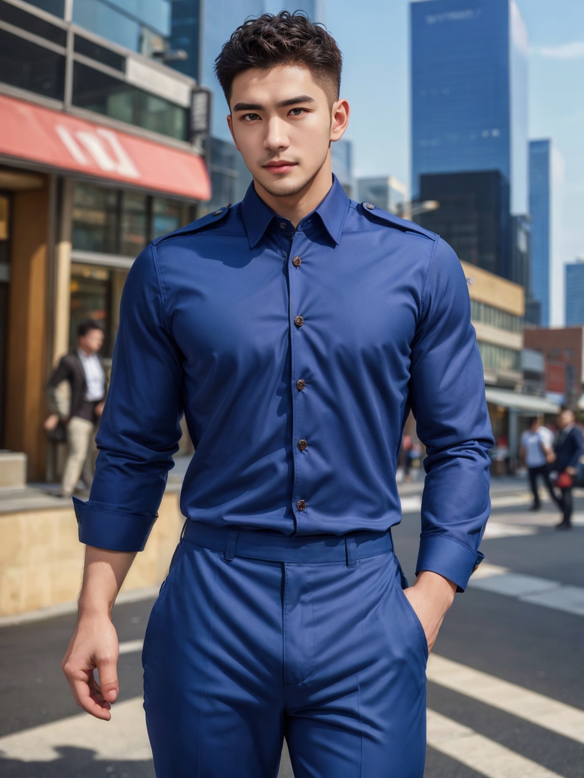 masterpiece,1 Man,Look at me,Handsome,Lovely,textured skin,super detail,best quality,adapted_uniform,Bustling city,,