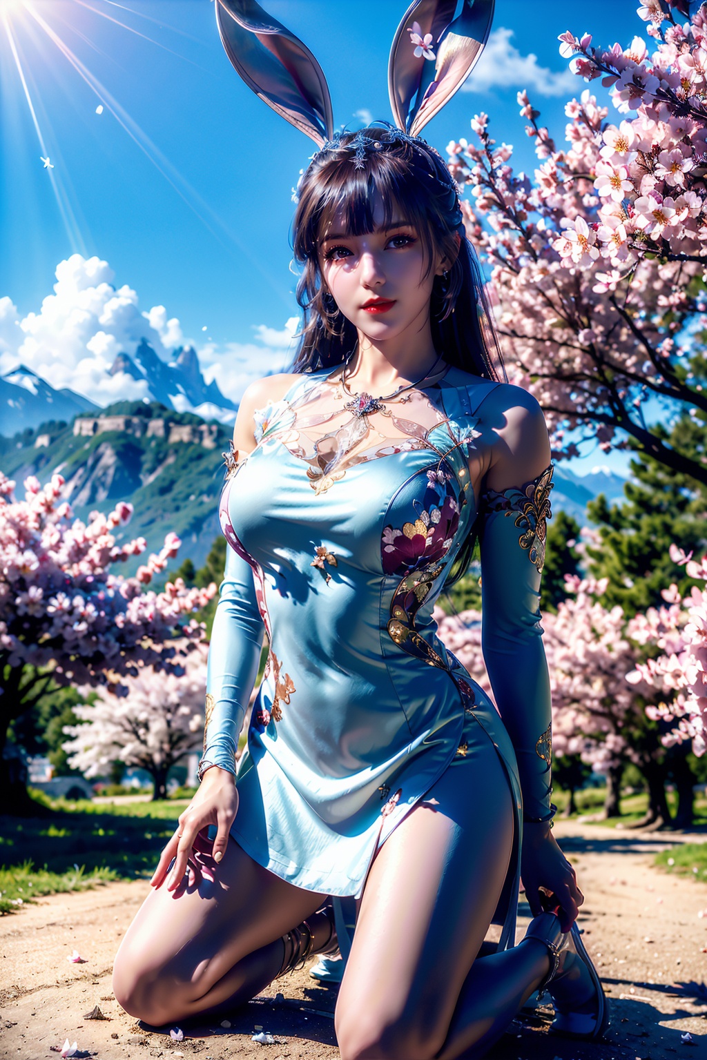  (8k, RAW photo, best quality, masterpiece:1.2),
(realistic, photo-realistic:1.1),ultra-detailed,extremely detailed cg 8k wallpaper,
(crystalstexture skin:1.4),(extremely delicate and beautiful),
1girl,portrait,long dress,,solo,earrings,jewelry,closed mouth,huge breast,smile,collarbone,red lips,(white skin),outdoors,detached sleeves,perfect hand,hs,(fantastic scenery, Rainbow, Sky,cherry blossoms,flowers,butterfly,mountain,spring \(season\), ),(((kneeling,skin glory,rabbit ears,white underdress))),arm behind back,looking at viewer, nd, mds,mds_y, mv, xw