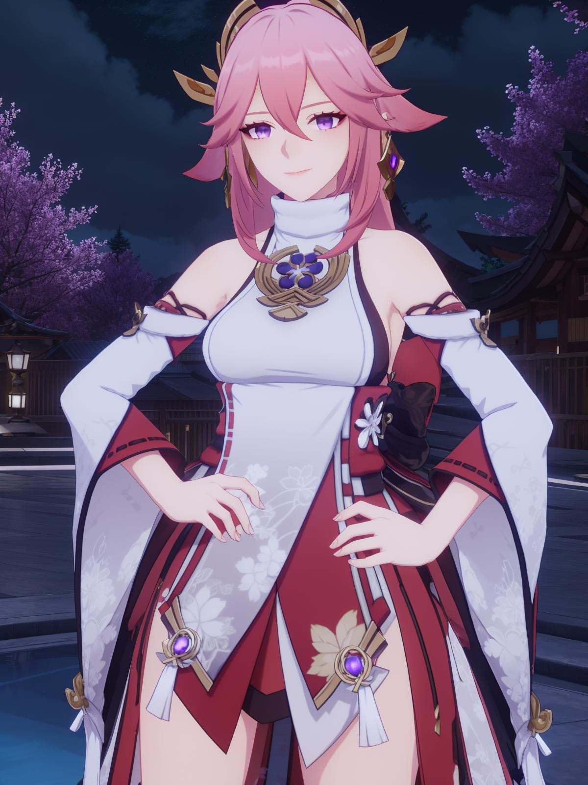 YSbachongshenzi, 1girl, solo, purple eyes, looking at viewer, jewelry, long hair, hair between eyes, detached sleeves, pink hair, japanese clothes, bangs,  earrings, wide sleeves, sidelocks, vision (genshin impact),  hair ornament, ribbon-trimmed sleeves, fox ears, turtleneck, long sleeves, nontraditional miko, cityscape, rain, night, seductive smile,pool,  <lora:YSbachongshenziXXXXXXX:0.75>