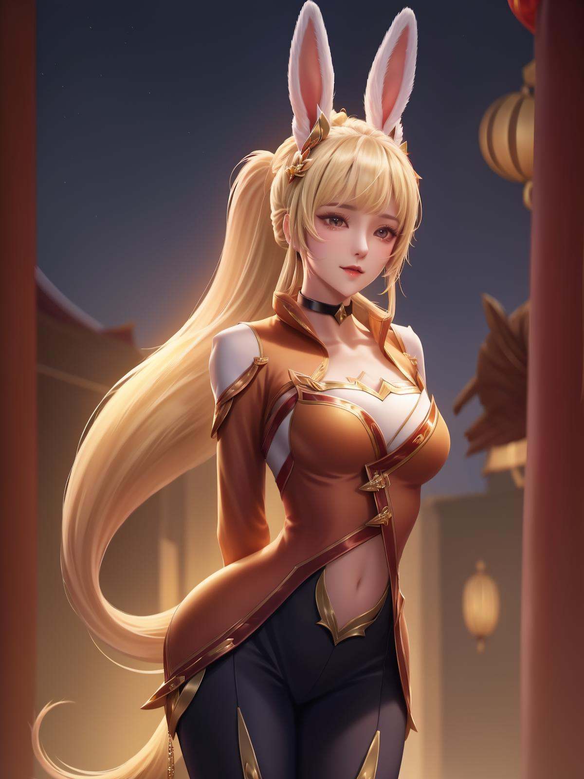 1girl,cityscape,night,mature female,looking at viewer,hair ornament,standing,arms behind back,east asian architecture,blonde hair,rabbit ears,nacel,ponytail, pants,choker,   <lora:gongsunliOR_20230710224113-000010:0.75>,long sleeves, 