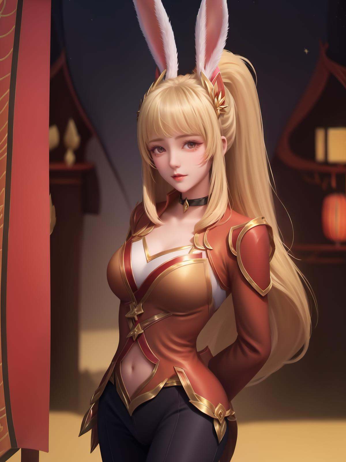 1girl,cityscape,night,mature female,looking at viewer,hair ornament,standing,arms behind back,east asian architecture,blonde hair,rabbit ears,nacel,ponytail, pants,choker,   <lora:gongsunliOR_20230710224113-000010:0.75>,long sleeves, 