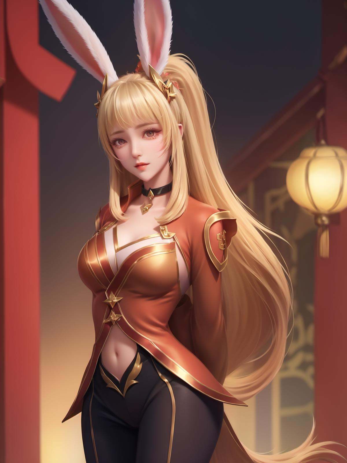 1girl,cityscape,night,mature female,looking at viewer,hair ornament,standing,arms behind back,east asian architecture,blonde hair,rabbit ears,nacel,ponytail, pants,choker,   <lora:gongsunliOR_20230710224113-000010:0.75>,long sleeves, 