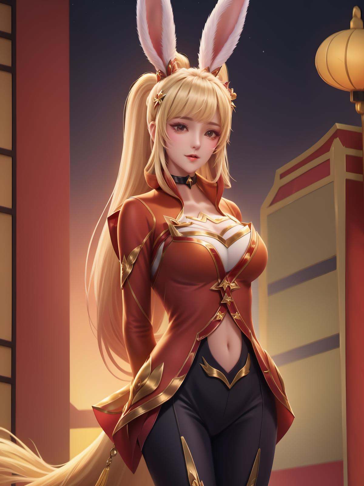 1girl,cityscape,night,mature female,looking at viewer,hair ornament,standing,arms behind back,east asian architecture,blonde hair,rabbit ears,nacel,ponytail, pants,choker,   <lora:gongsunliOR_20230710224113-000010:0.75>,long sleeves, 