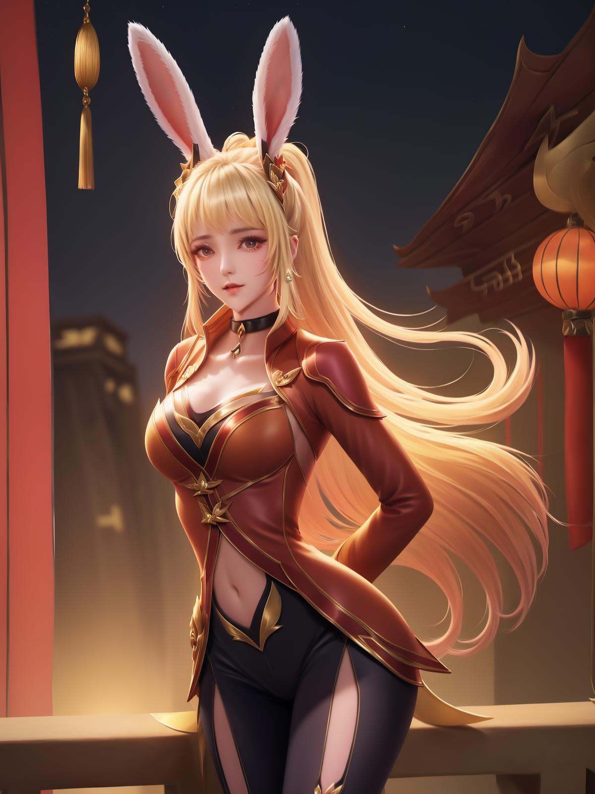 1girl,cityscape,night,mature female,looking at viewer,hair ornament,standing,arms behind back,east asian architecture,blonde hair,rabbit ears,nacel,ponytail, pants,choker,   <lora:gongsunliOR_20230710224113-000010:0.75>,long sleeves, 