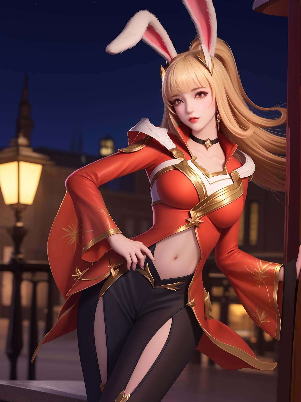 WZRYgongsunliYP, 1girl, solo, long hair, breasts, rabbit ears, bangs, parted lips, navel, clothing cutout, ponytail,wide sleeves, blonde hair,choker,dress,pants ,cityscape, night,looking at viewer, mature female, hand on hip,  <lora:WZRYgongsunliYPii:0.75>,hair ornament, 