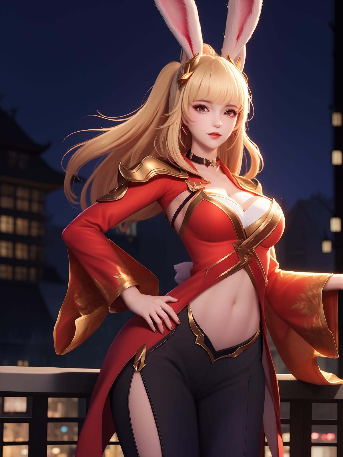 WZRYgongsunliYP, 1girl, solo, long hair, breasts, rabbit ears, bangs, parted lips, navel, clothing cutout, ponytail,wide sleeves, blonde hair,choker,dress,pants ,cityscape, night,looking at viewer, mature female, hand on hip,  <lora:WZRYgongsunliYPii:0.75>,hair ornament, 