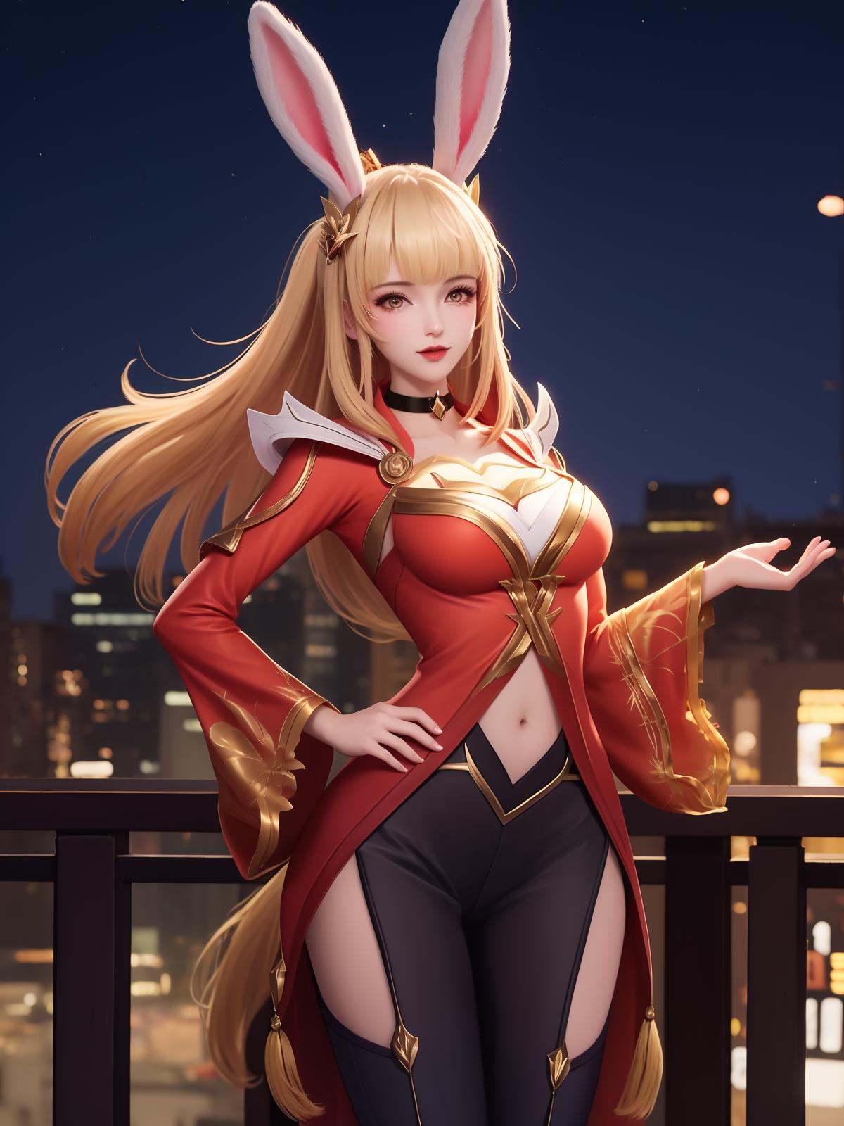 WZRYgongsunliYP, 1girl, solo, long hair, breasts, rabbit ears, bangs, parted lips, navel, clothing cutout, ponytail,wide sleeves, blonde hair,choker,dress,pants ,cityscape, night,looking at viewer, mature female, hand on hip,  <lora:WZRYgongsunliYPii:0.75>,hair ornament, 