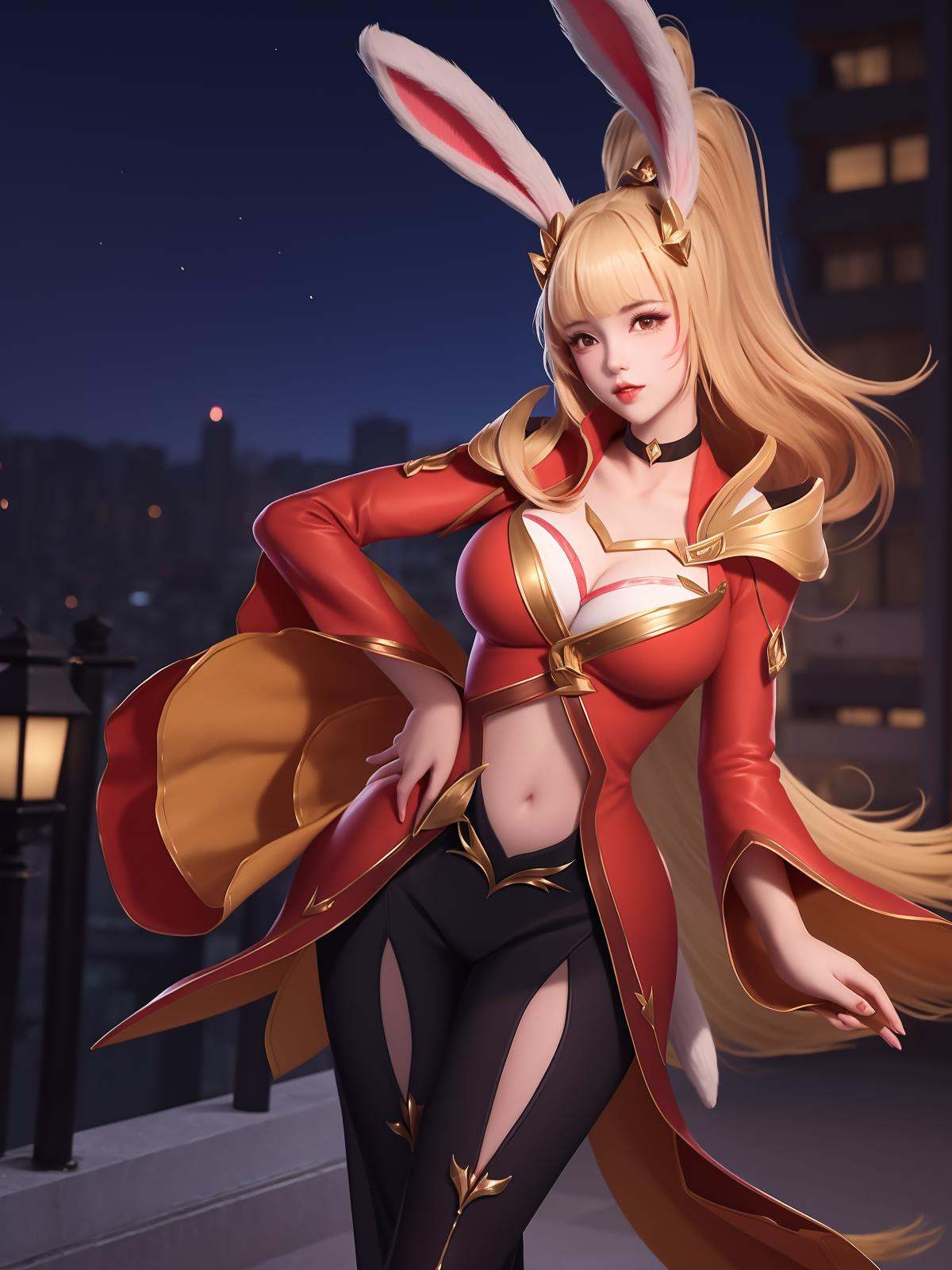 WZRYgongsunliYP, 1girl, solo, long hair, breasts, rabbit ears, bangs, parted lips, navel, clothing cutout, ponytail,wide sleeves, blonde hair,choker,dress,pants ,cityscape, night,looking at viewer, mature female, hand on hip,  <lora:WZRYgongsunliYPii:0.75>,hair ornament, 
