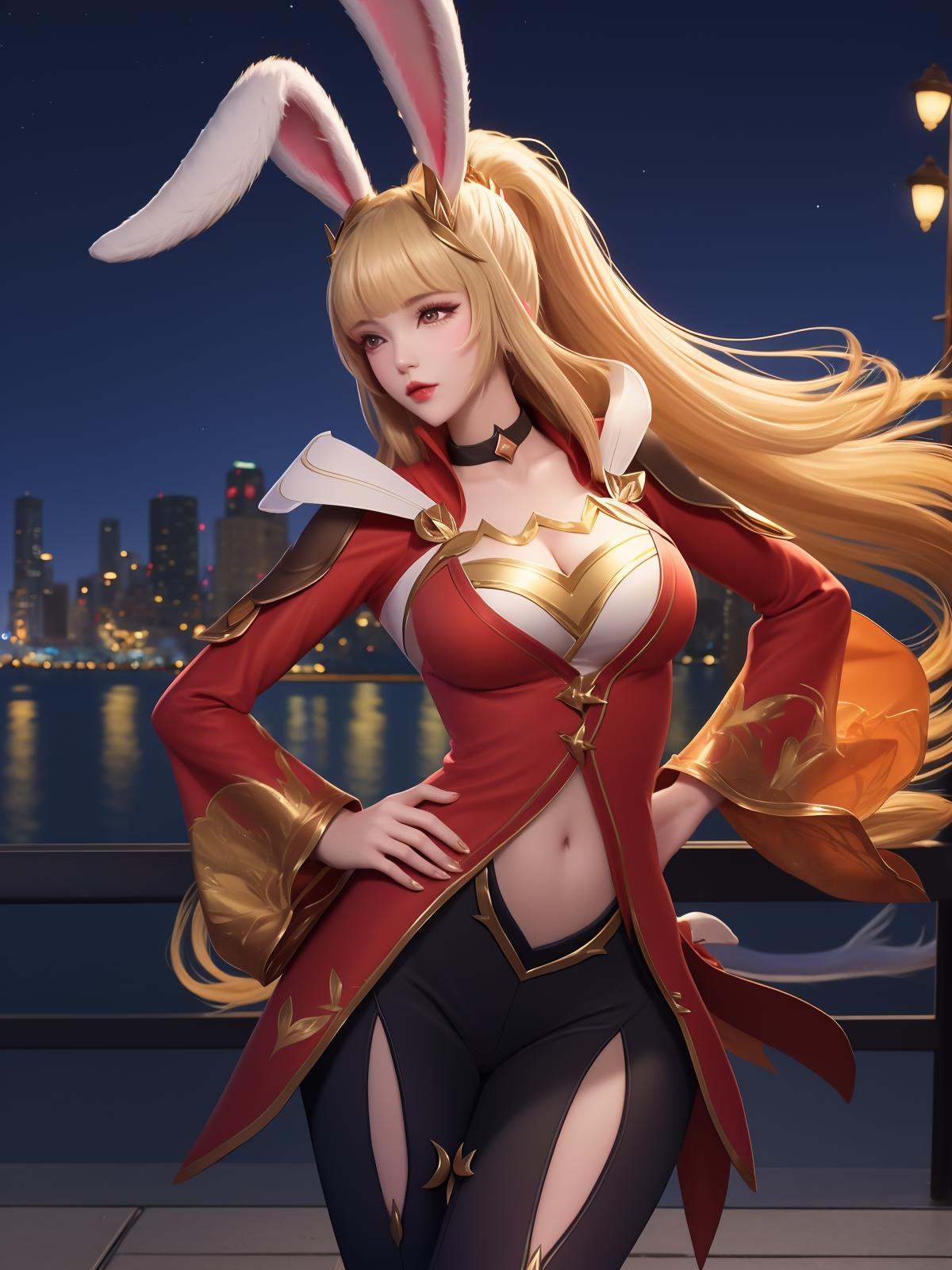 WZRYgongsunliYP, 1girl, solo, long hair, breasts, rabbit ears, bangs, parted lips, navel, clothing cutout, ponytail,wide sleeves, blonde hair,choker,dress,pants ,cityscape, night,looking at viewer, mature female, hand on hip,  <lora:WZRYgongsunliYPii:0.75>,hair ornament, 