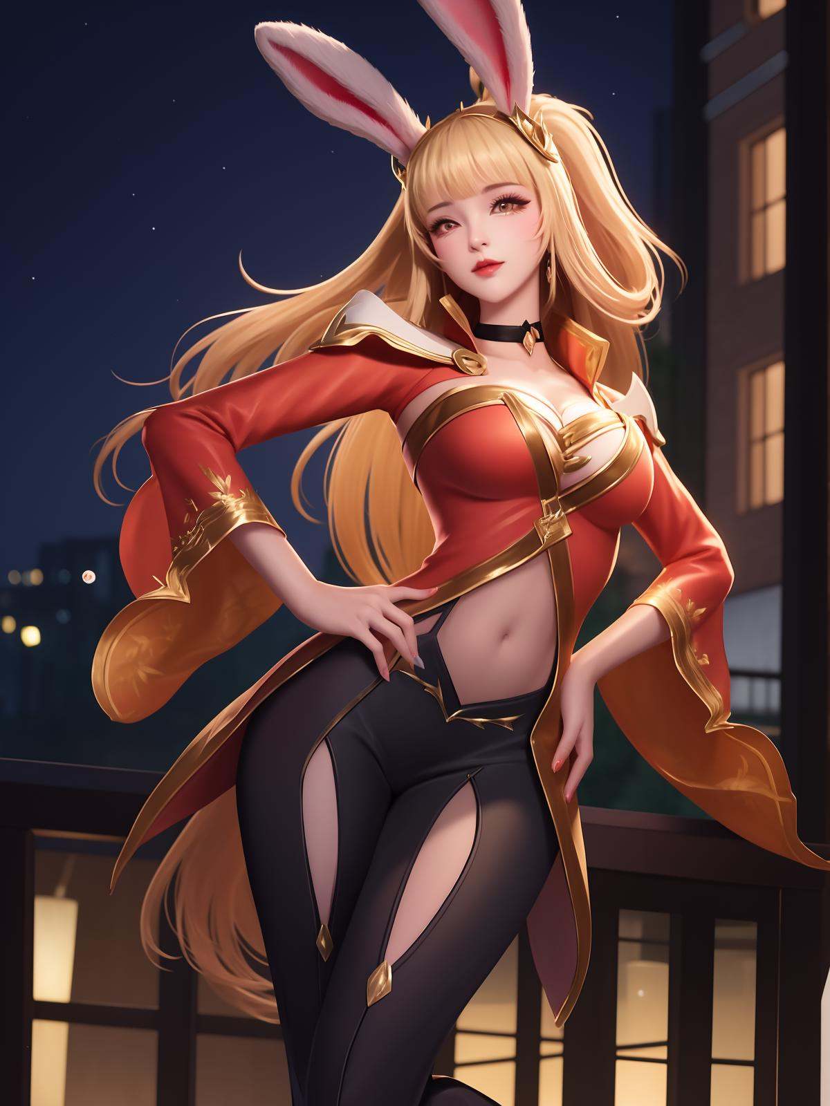WZRYgongsunliYP, 1girl, solo, long hair, breasts, rabbit ears, bangs, parted lips, navel, clothing cutout, ponytail,wide sleeves, blonde hair,choker,dress,pants ,cityscape, night,looking at viewer, mature female, hand on hip,  <lora:WZRYgongsunliYPii:0.75>,hair ornament, 