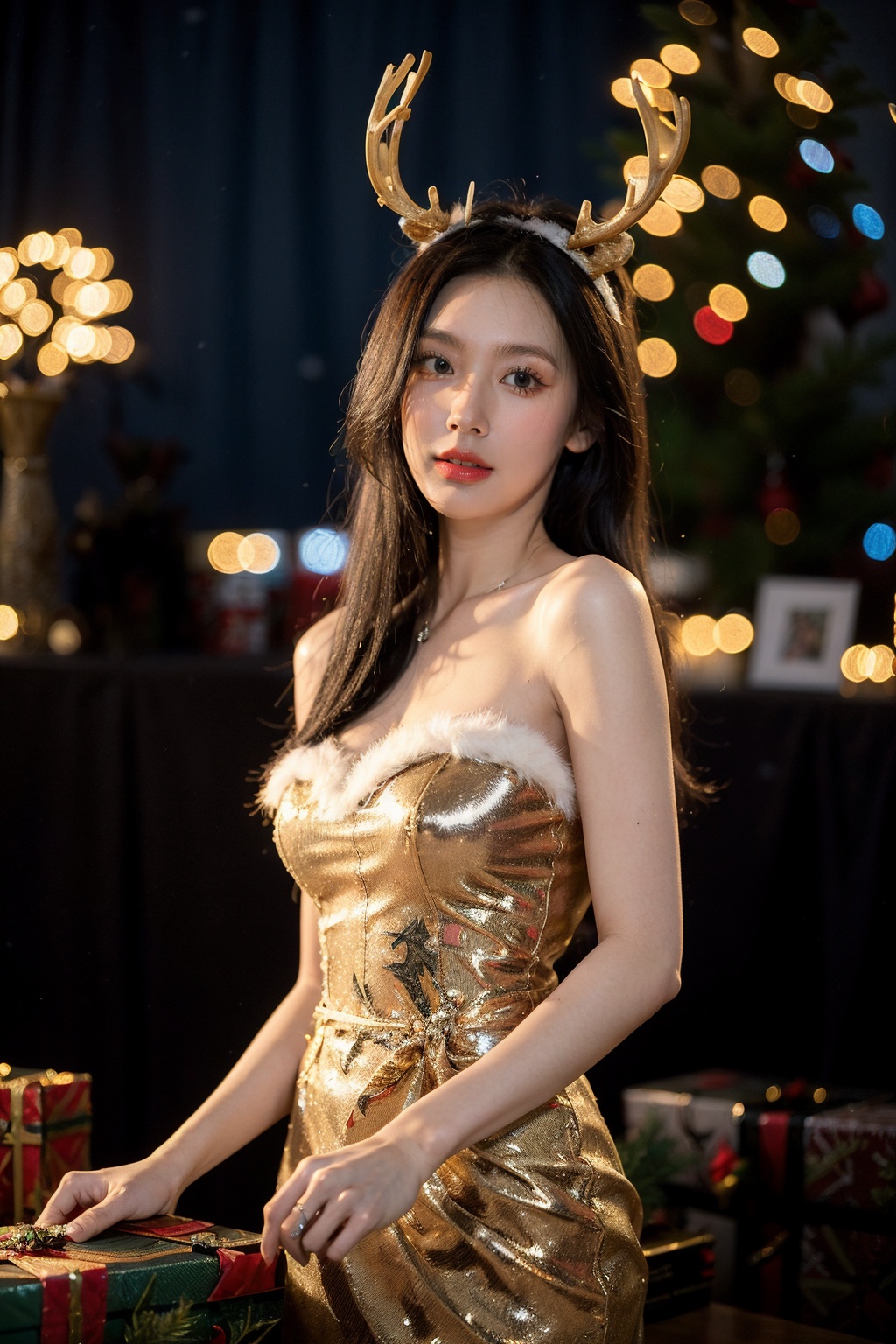 1girl,christmas,bare shoulders,antlers,(cowboy shot close-up),standing,exquisite eyes,outdoors,night,cityscape,snowing,elegant posture,<lora:Christmas_20231212224057-000008:0.7>,(an extremely delicate and beautiful),(best quality),((masterpiece)),intricate detail,(masterpiece, high quality, best quality),fireworks,