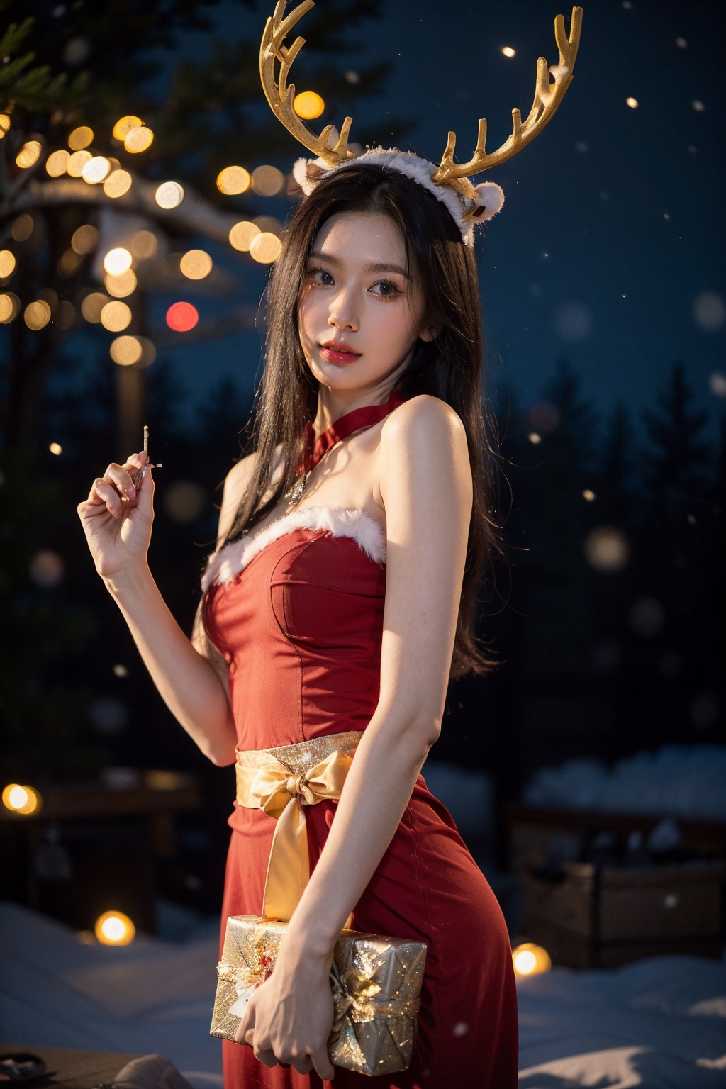 1girl,christmas,bare shoulders,antlers,(cowboy shot close-up),standing,exquisite eyes,outdoors,night,cityscape,snowing,elegant posture,<lora:Christmas_20231212224057-000008:0.7>,(an extremely delicate and beautiful),(best quality),((masterpiece)),intricate detail,(masterpiece, high quality, best quality),fireworks,