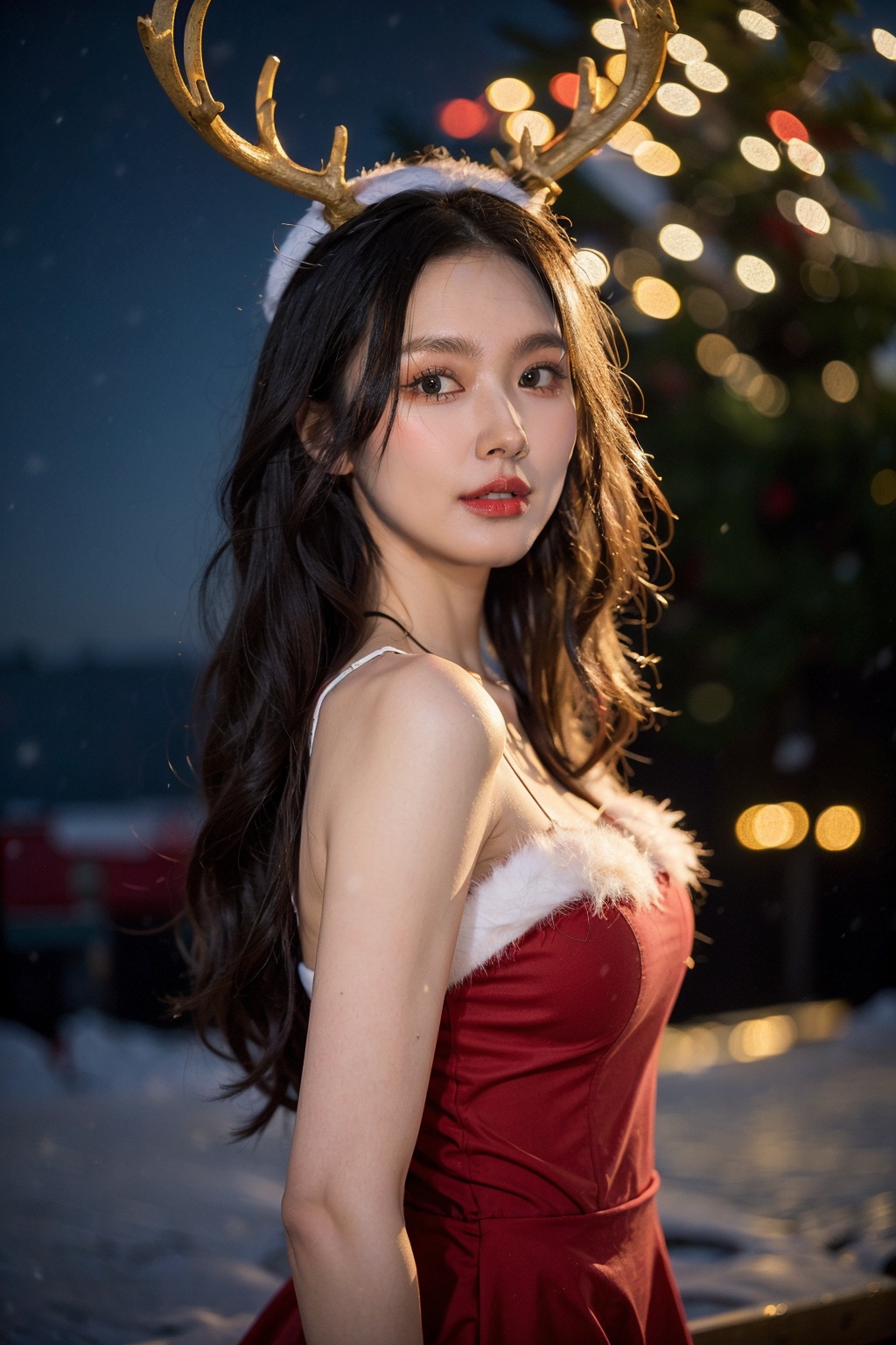 1girl,christmas,bare shoulders,antlers,(cowboy shot close-up),standing,exquisite eyes,outdoors,night,cityscape,snowing,elegant posture,<lora:Christmas_20231212224057-000008:0.7>,(an extremely delicate and beautiful),(best quality),((masterpiece)),intricate detail,(masterpiece, high quality, best quality),fireworks,