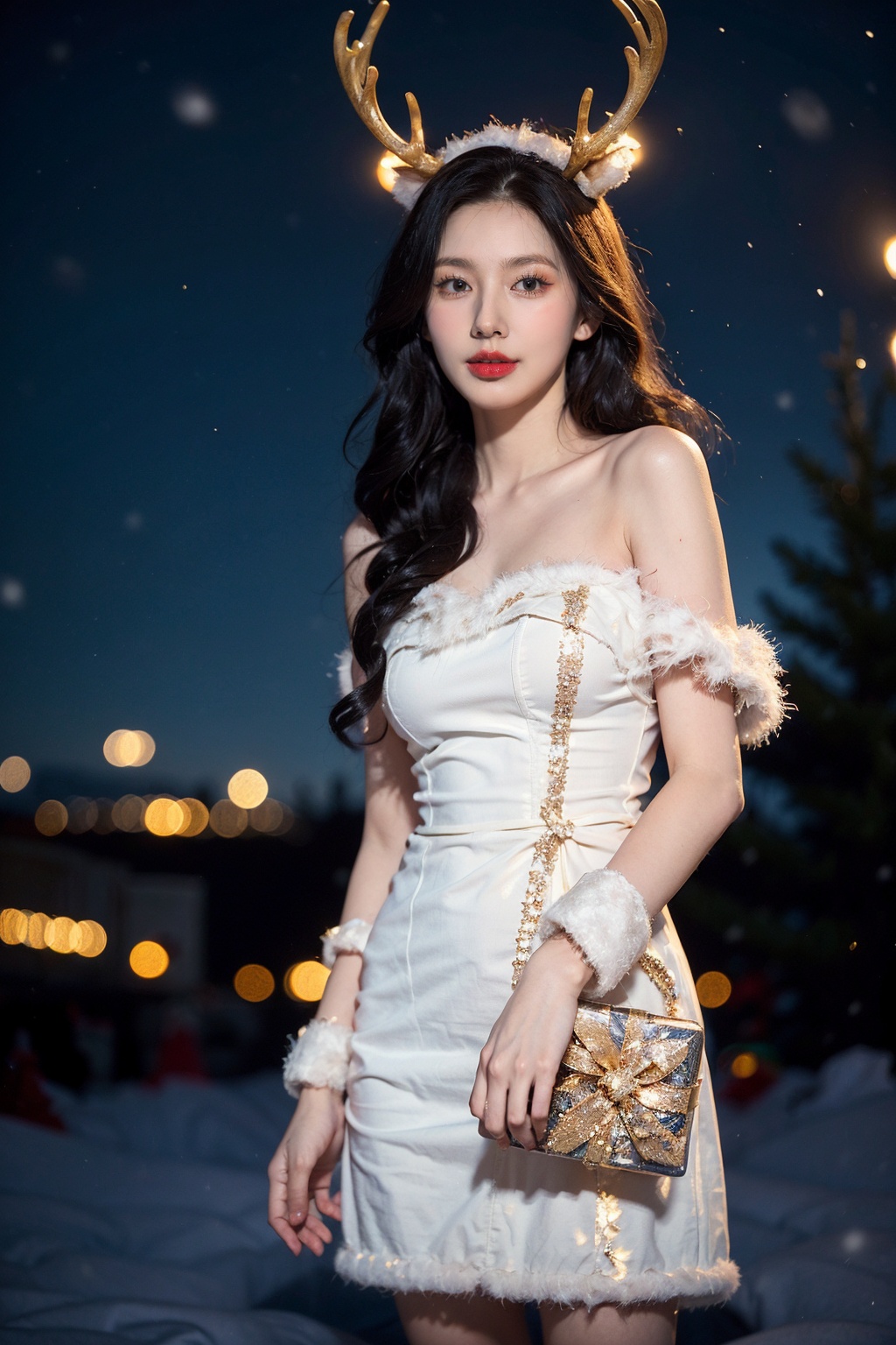 1girl,christmas,bare shoulders,antlers,(cowboy shot close-up),standing,exquisite eyes,outdoors,night,cityscape,snowing,elegant posture,<lora:Christmas_20231212224057-000008:0.7>,(an extremely delicate and beautiful),(best quality),((masterpiece)),intricate detail,(masterpiece, high quality, best quality),fireworks,