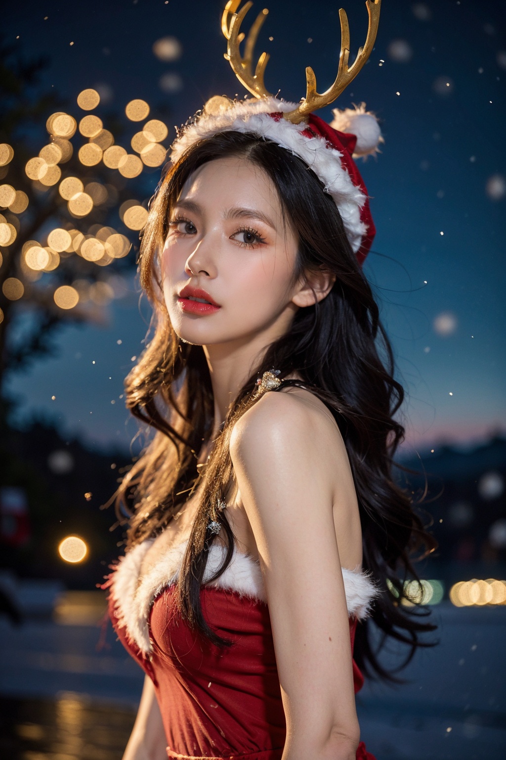 1girl,christmas,bare shoulders,antlers,(cowboy shot close-up),standing,exquisite eyes,outdoors,night,cityscape,snowing,elegant posture,<lora:Christmas_20231212224057-000008:0.7>,(an extremely delicate and beautiful),(best quality),((masterpiece)),intricate detail,(masterpiece, high quality, best quality),fireworks,