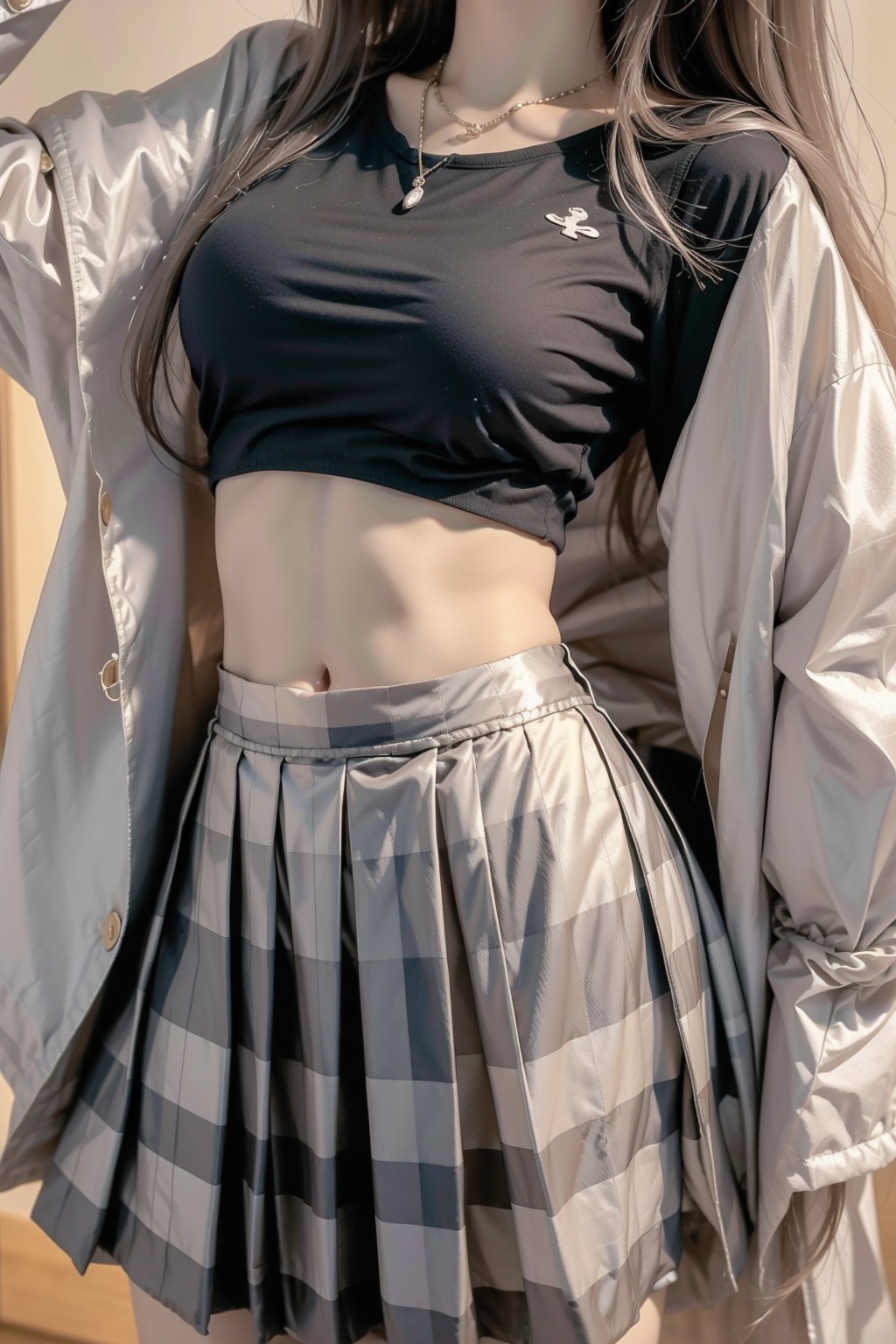1girl,breasts,checkered,checkered skirt,close-up,clothes lift,groin,medium breasts,midriff,multiple girls,navel,open clothes,plaid,plaid background,plaid skirt,pleated skirt,school uniform,shiny,shiny skin,shirt,shirt lift,skirt,skirt lift,solo,stomach,underwear,unmoving pattern, glint sparkle, 1girl