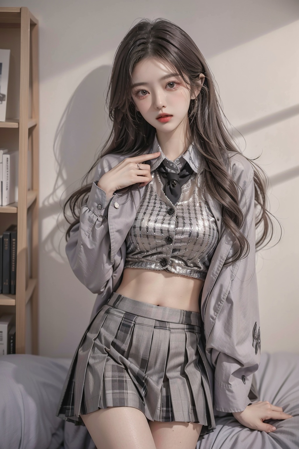 1girl,breasts,checkered,checkered skirt,close-up,clothes lift,groin,medium breasts,midriff,multiple girls,navel,open clothes,plaid,plaid background,plaid skirt,pleated skirt,school uniform,shiny,shiny skin,shirt,shirt lift,skirt,skirt lift,solo,stomach,underwear,unmoving pattern, glint sparkle, 1girl,on the bed,Real skin texture, clearly visible skin texture