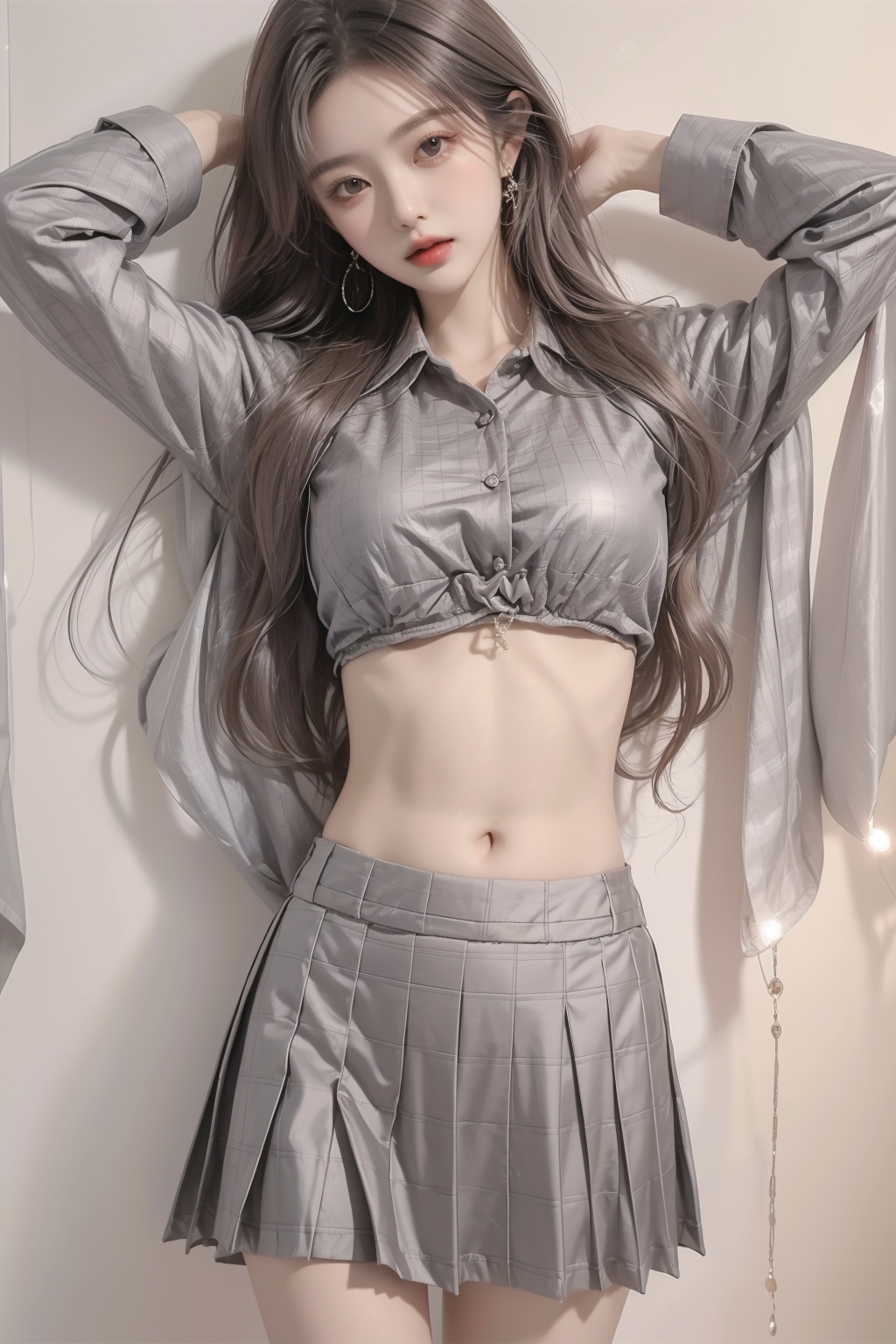 1girl,breasts,checkered,checkered skirt,close-up,clothes lift,groin,medium breasts,midriff,multiple girls,navel,open clothes,plaid,plaid background,plaid skirt,pleated skirt,school uniform,shiny,shiny skin,shirt,shirt lift,skirt,skirt lift,solo,stomach,underwear,unmoving pattern, glint sparkle, 1girl,on the bed
