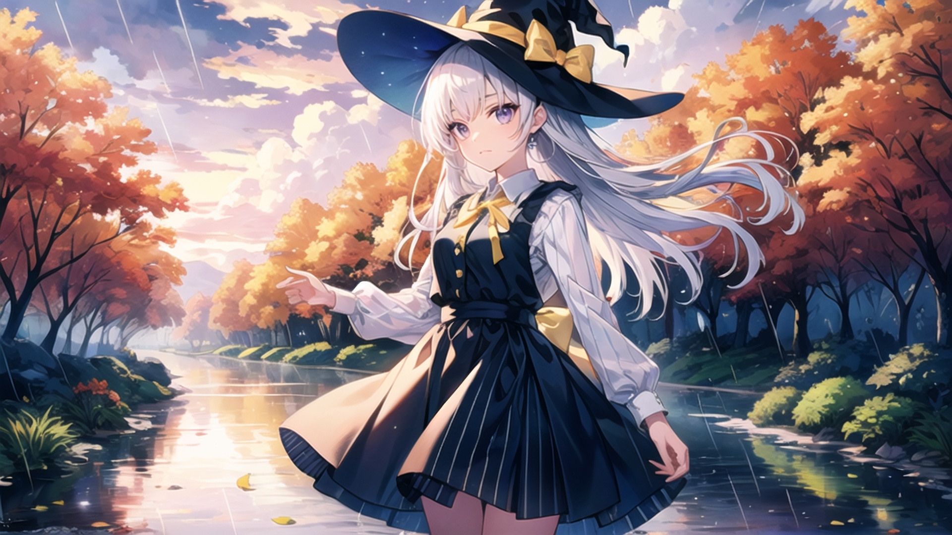  1girl, ahoge, (standing,dark clouds,overcast sky,panorama,tree,stone road,river,rainy),dynamic pose, elaina (majo no tabitabi), smile, purple eyes, solo, long hair, bangs, floating leaves,(outdoors),:o, shirt, skirt, bow, white hair, blush, long sleeves,vertical stripes, striped, collared shirt, potted plant, cover image, vertical-striped dress, yellow ribbon,open clothes,witch hat,mid shot,(silver hair),backlight