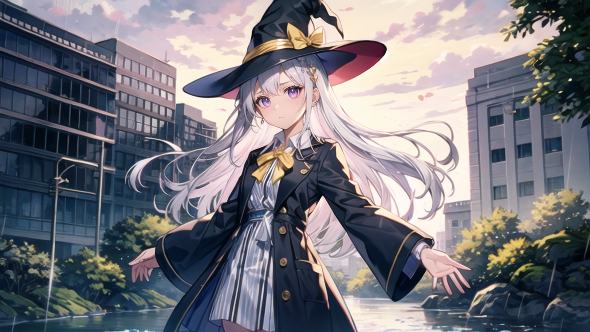  1girl, ahoge, (standing,dark clouds,overcast sky,panorama,tree,stone road,river,rainy),dynamic pose, elaina (majo no tabitabi), smile, purple eyes, solo, long hair, bangs, floating leaves,(outdoors),:o, shirt, skirt, bow, white hair, blush, long sleeves,vertical stripes, striped, collared shirt, potted plant, cover image, vertical-striped dress, yellow ribbon,open clothes,witch hat,mid shot,(silver hair),backlight
