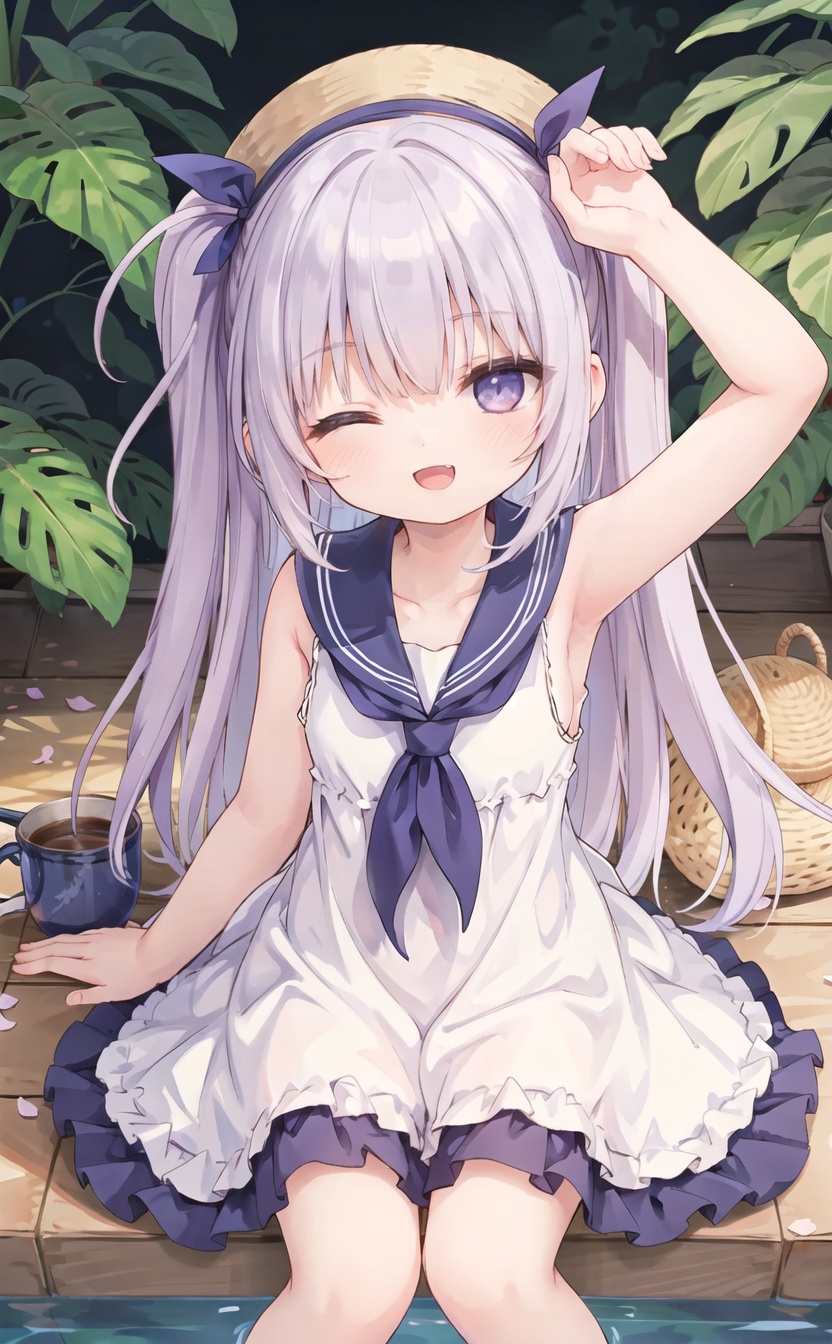 (very long hair,cowboy shot,4349,4349,4349:1),1girl,dress,one eye closed,pink hair,solo,long hair,sleeveless dress,hat,sitting,purple eyes,white dress,sailor collar,sleeveless,sailor dress,smile,looking at viewer,fang,outdoors,arm up,collarbone,;d,blue sailor collar,bangs,very long hair,bare shoulders,headwear removed,straw hat,two side up,hat removed,cup,sunlight,