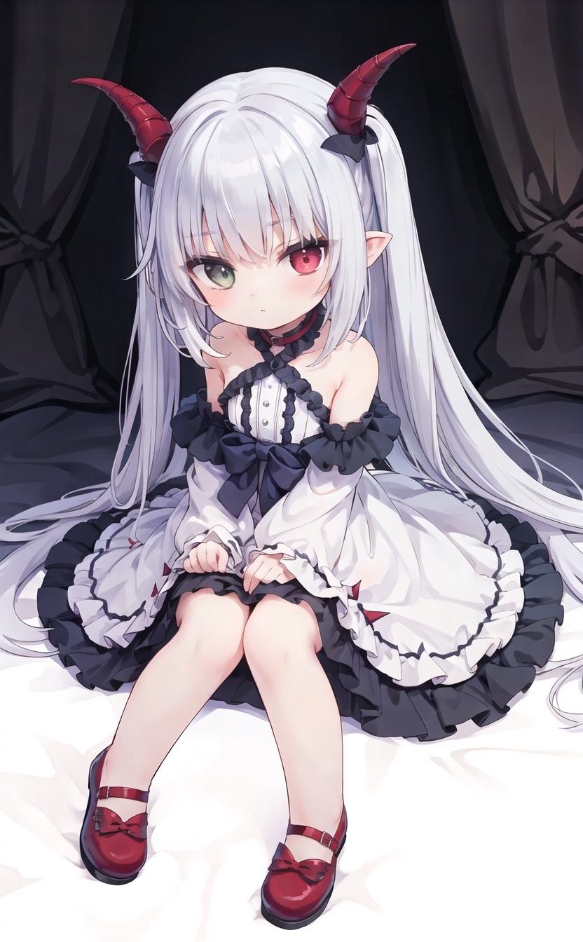 (very long hair,cowboy shot,4349,4349,4349:1),1girl,long hair,tail,pointy ears,heterochromia,two side up,demon tail,red footwear,dress,red eyes,demon girl,shoes,sleeves past wrists,mary janes,detached sleeves,collar,looking at viewer,horns,solo,
