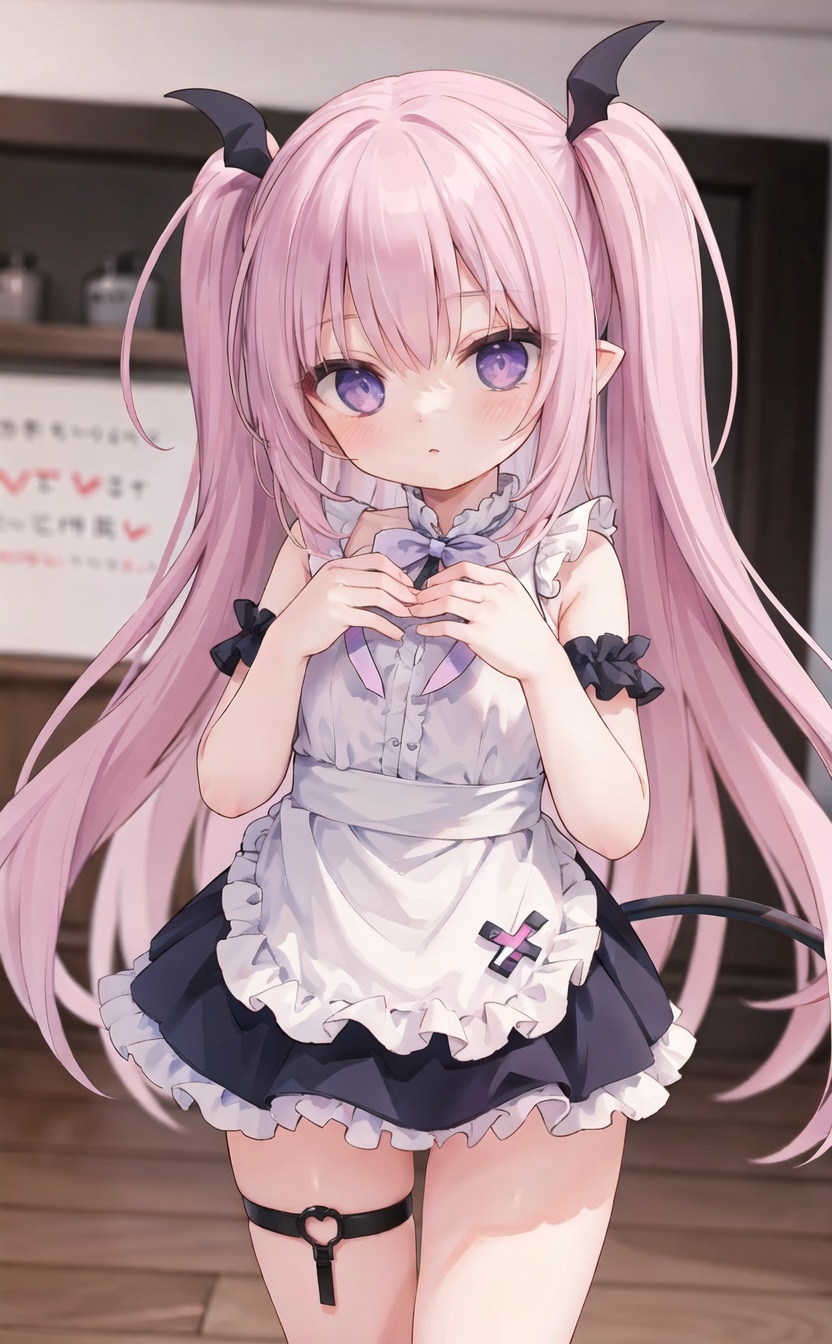 (very long hair,cowboy shot,4349,4349,4349:1),1girl,long hair,solo,pink hair,demon tail,tail,purple eyes,looking at viewer,pointy ears,apron,two side up,hair ornament,very long hair,bangs,underwear,heart,heart tail,blush,panties,box,blurry,blurry background,white bow,standing,cowboy shot,bare shoulders,demon girl,heart-shaped box,