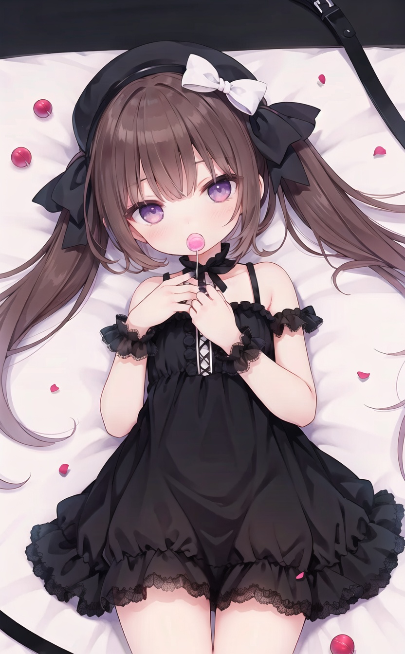 (very long hair,cowboy shot,4349,4349,4349:1),1girl,dress,solo,brown hair,food,black nails,twintails,lying,candy,looking at viewer,lollipop,hat,long hair,on stomach,purple eyes,mini hat,sleeveless,sleeveless dress,wrist cuffs,nail polish,bare shoulders,holding food,black headwear,blush,petals,holding candy,holding lollipop,bangs,
