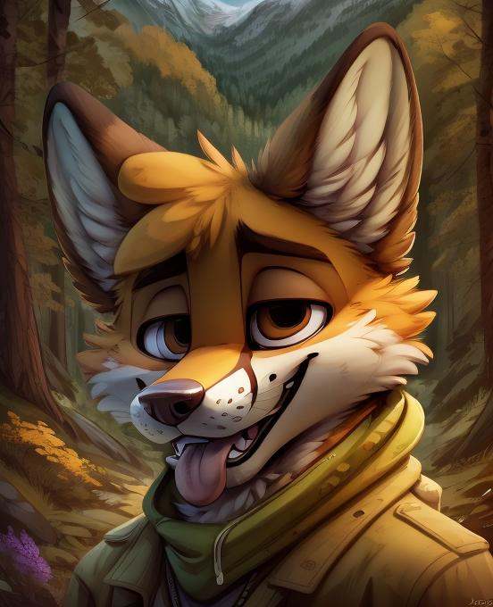 Furry,  brown and orange fox,  yellow scarf on Tensor.Art
