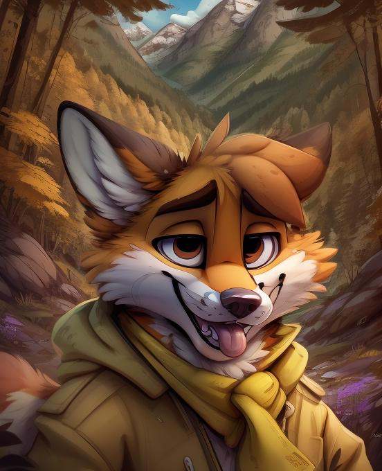 Furry,  brown and orange fox,  yellow scarf on Tensor.Art