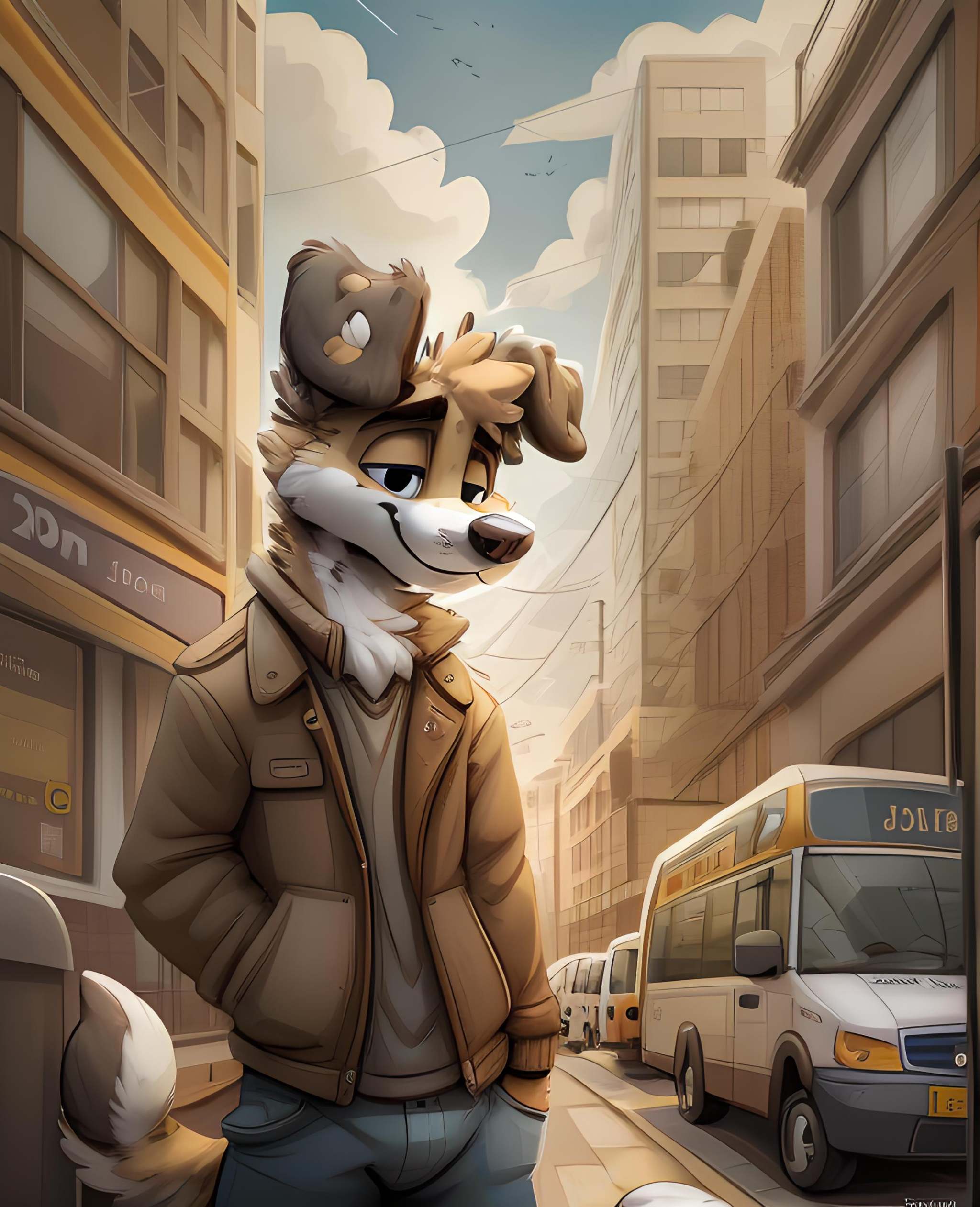 Furry,  grey & white dog,  wearing brown jacket and blue pants on Tensor.Art