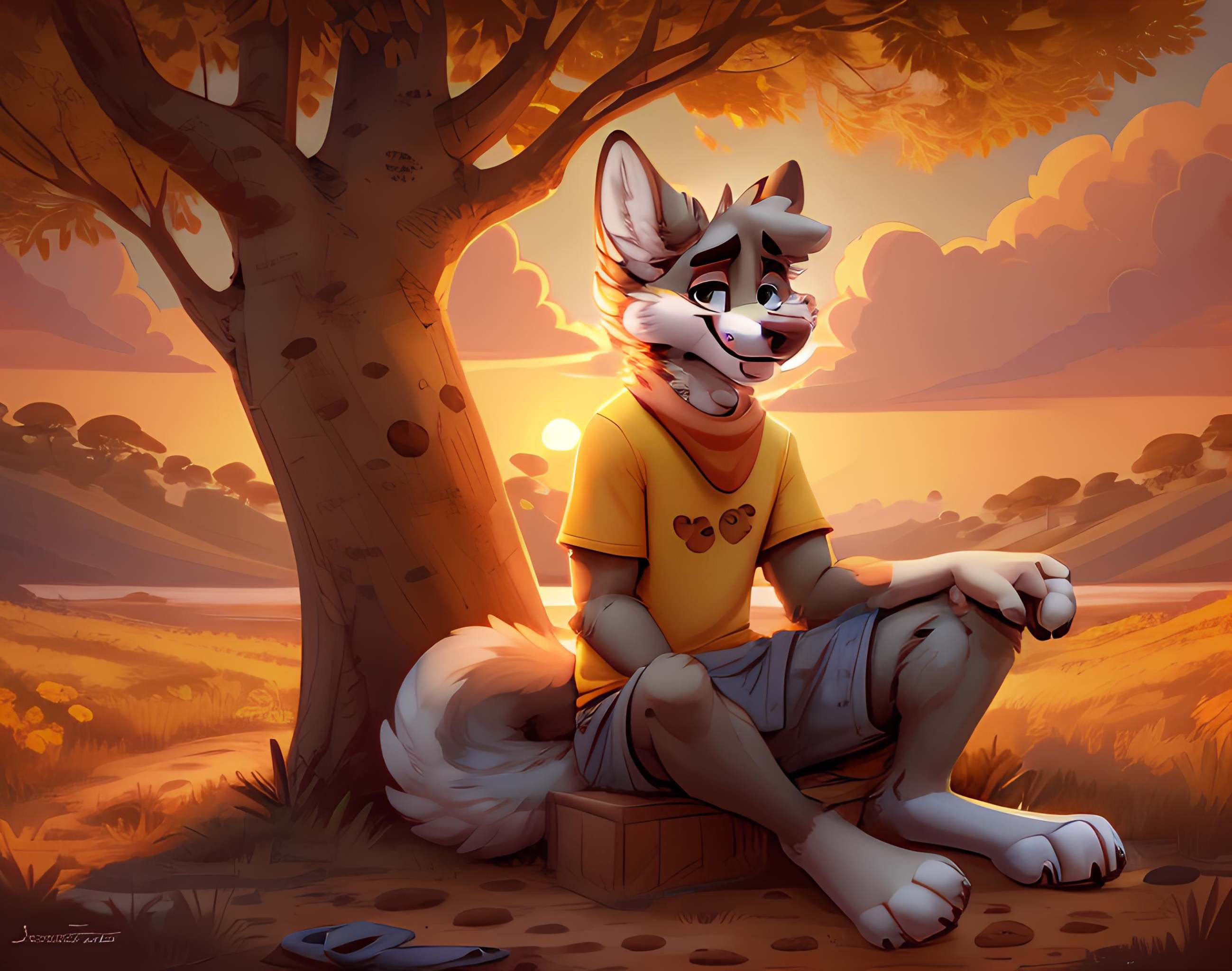 Furry,  grey wolf,  wearing a yellow tshirt on Tensor.Art