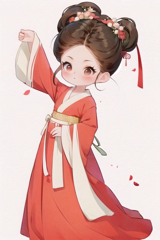 qgirl,  1girl,  solo,  sleeves past wrists,  hair ornament,  sleeves past fingers,  long sleeves,  chinese clothes,  full body,  looking at viewer,  ribbon,  standing,  blush,  red dress,  hanfu,  arm up,  white background,  black hair,  dress,  updo,  brown hair,<lora:EMS-225593-EMS:1.000000>