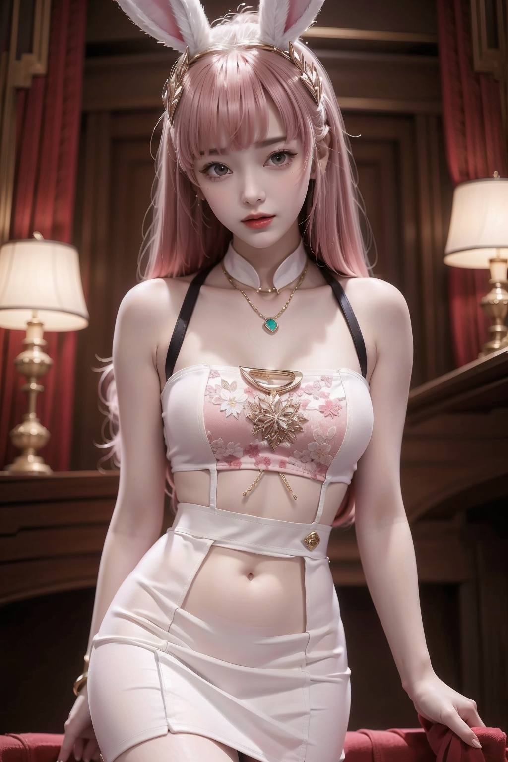  1girl,bangs,pink hair,dress,jewelry,Rabbit ears, medium breasts,