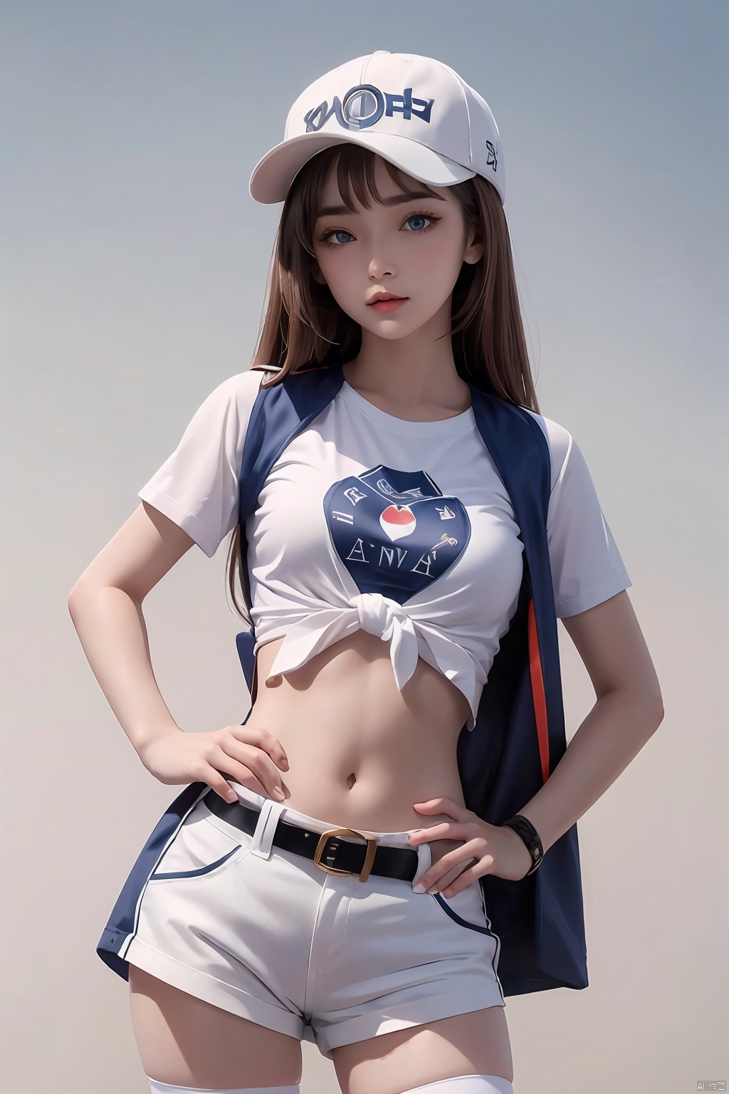 (best quality), ((masterpiece)), (highres), illustration, original, extremely detailed,1girl, solo, hat, shorts, blue eyes, brown hair, whistle, thighhighs, wristband, baseball cap, navel, long hair, midriff, short shorts, belt, shirt, hand on hip, lips, white shorts, white background, blue thighhighs, looking at viewer, tied shirt, simple background