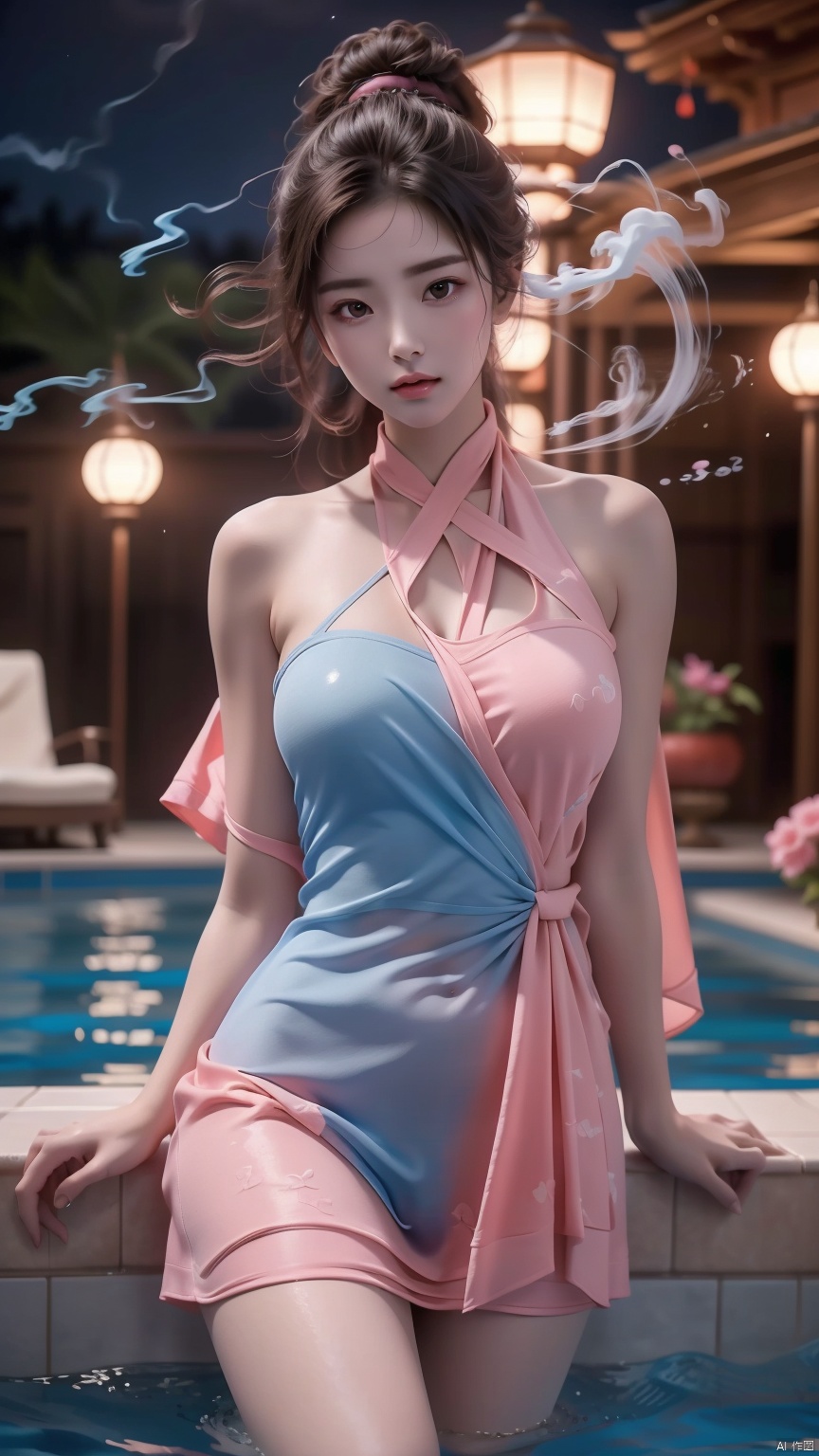  High quality, masterpiece, cinematic texture, Chinese elements, close-up of head and face, 1 girl bathing in the pool,(blue-pink smoke:1.2), shoulders exposed to the water surface (wrapped in a towel: 1.2),Forehead gemstone, (with a large amount of water vapor on the surface: 1.3), (hot spring), lantern, night,girl, 1girl, smoke,chang, looking_at_viewer, 1 girl