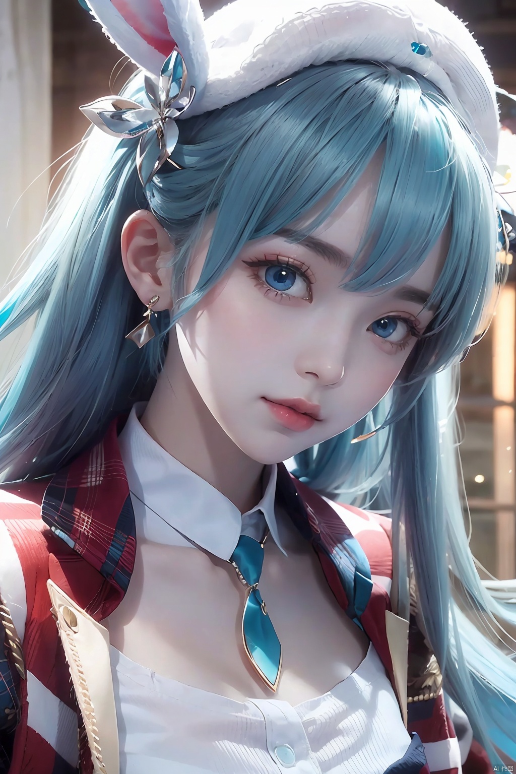  1girl,twintails,solo,jewelry,earrings,hat,hair ornament,looking at viewer,hatsune miku,blue hair,blue eyes,white background,long hair,blue headwear,plaid,bow,beret,parted lips,hair between eyes,plaid dress,holding,bangs,upper body,simple background,rabbit,ribbon,to-style,beautiful eyes,depth of field,moyou