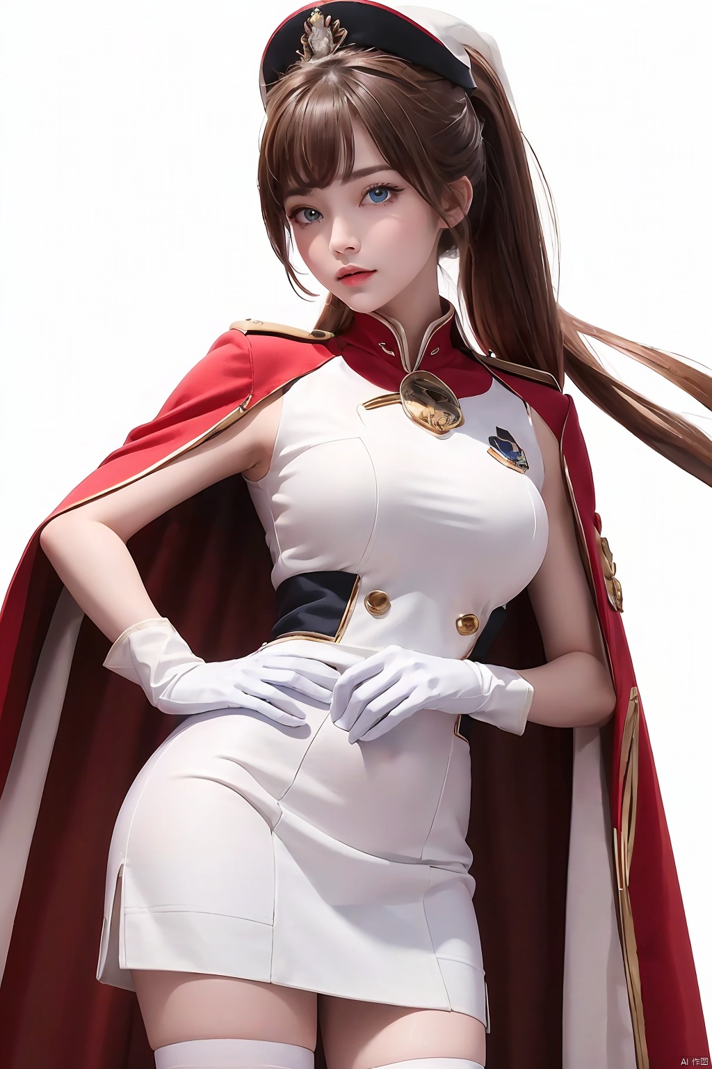 (best quality), ((masterpiece)), (highres), illustration, original, extremely detailed,1girl, solo, gloves, uniform, long hair, military uniform, blue eyes, brown hair, military, hat, white gloves, cape, breasts, ponytail, white background, weapon, looking at viewer, large breasts, simple background