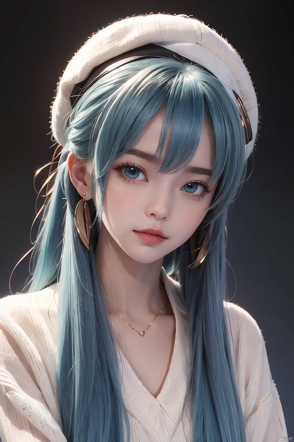 1girl,twintails,solo,jewelry,earrings,hat,hair ornament,looking at viewer,hatsune miku,blue hair,blue eyes,white background,long hair,blue headwear,bow,beret,parted lips,hair between eyes,holding,bangs,Sweaters,upper body,simple background,rabbit,ribbon,to-style,beautiful eyes,