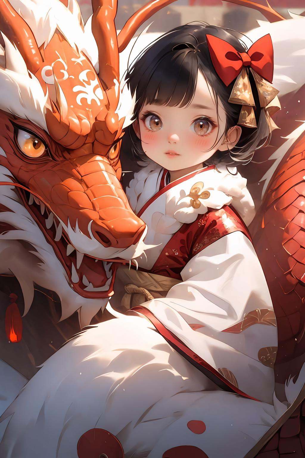 <lora:long2ZHENGZE-000012:0.7>,chahua,1girl,black hair,hair bow,looking at viewer,blush,brown eyes,red bow,dragon,bangs,short hair,child,closed mouth,lips,solo,female child,red new year clothes,