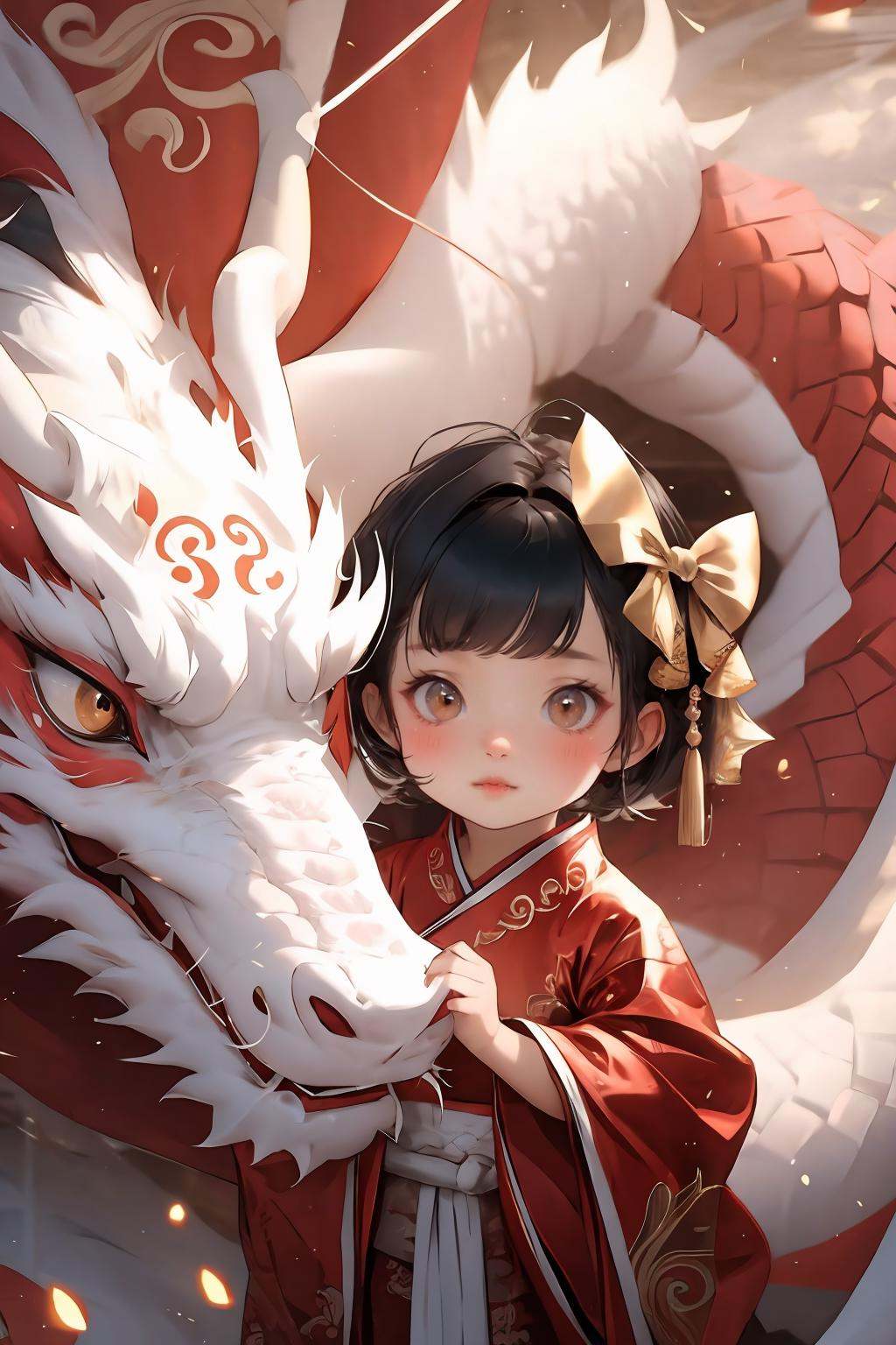 <lora:long2ZHENGZE-000012:0.7>,chahua,1girl,black hair,hair bow,looking at viewer,blush,brown eyes,red bow,dragon,bangs,short hair,child,closed mouth,lips,solo,female child,red new year clothes,