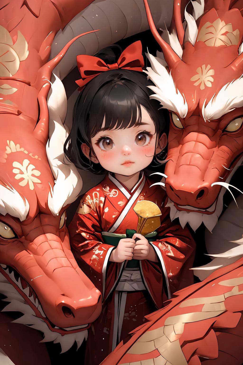 <lora:long2ZHENGZE-000012:0.7>,chahua,1girl,black hair,hair bow,looking at viewer,blush,brown eyes,red bow,dragon,bangs,short hair,child,closed mouth,lips,solo,female child,red new year clothes,